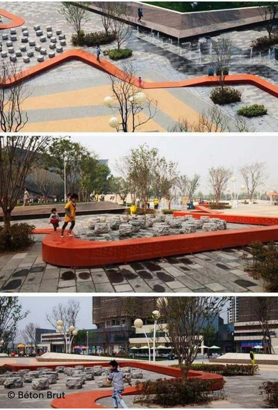 A trio of urban plaza views highlighting a continuous red sculptural ribbon bench, stone climbing blocks, and playful steps for children.