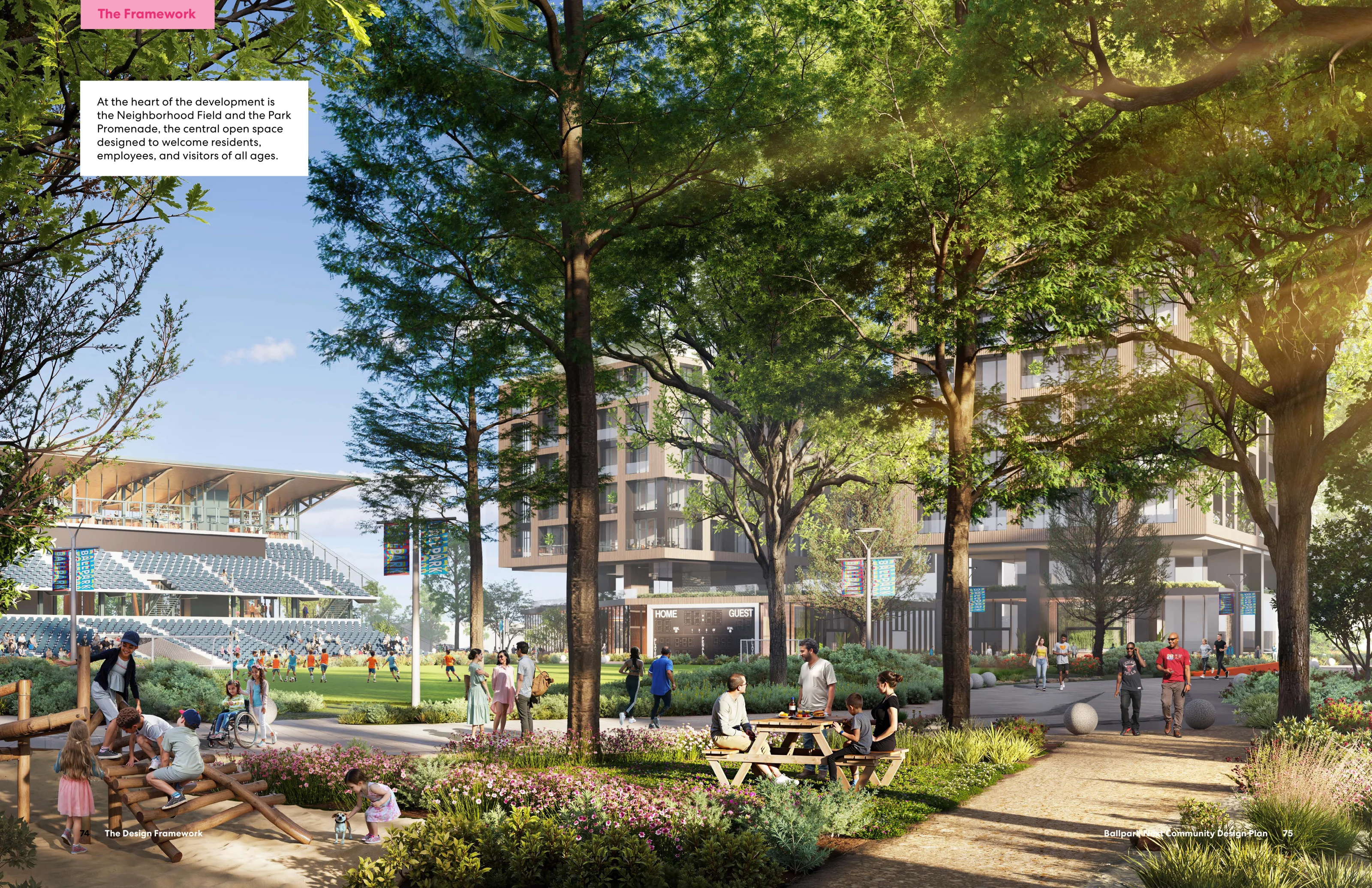 Vibrant architectural rendering of the Neighborhood Field and Park Promenade showing a lively public park with children playing on timber climbing structures, families picnicking at wooden tables, flower gardens, tree-lined walking paths, modern mid-rise residential buildings, and a baseball stadium in the background.