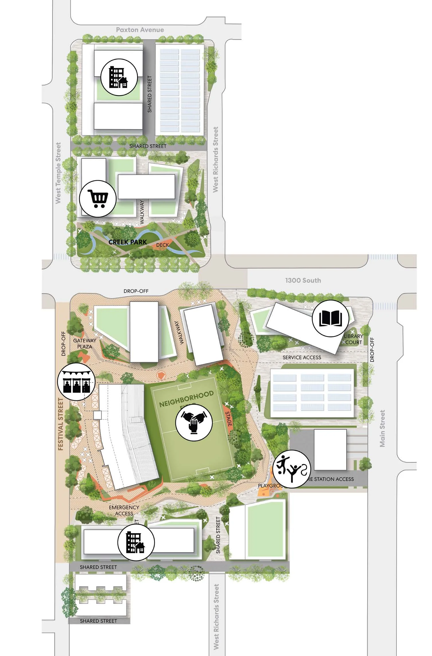 Ballpark Next neighborhood site plan with five marked social-infrastructure uses.