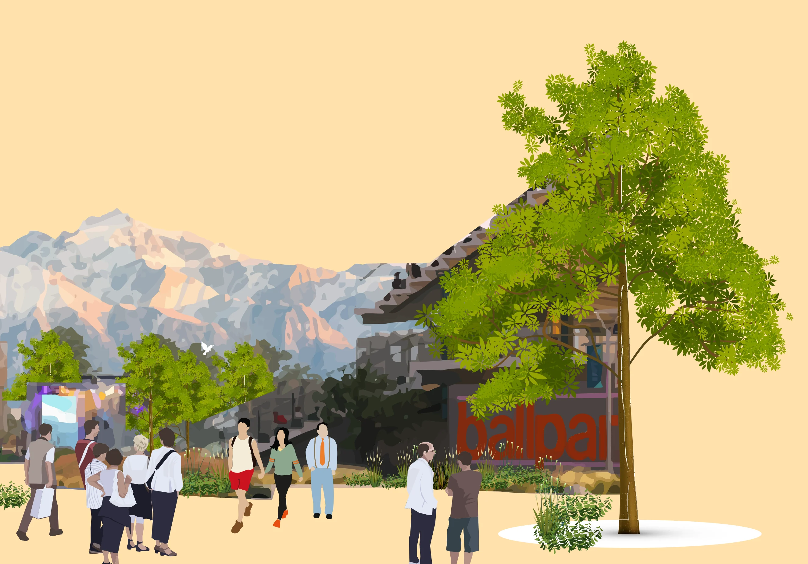 Illustration of people walking toward a stadium destination with mountain backdrop and lush trees