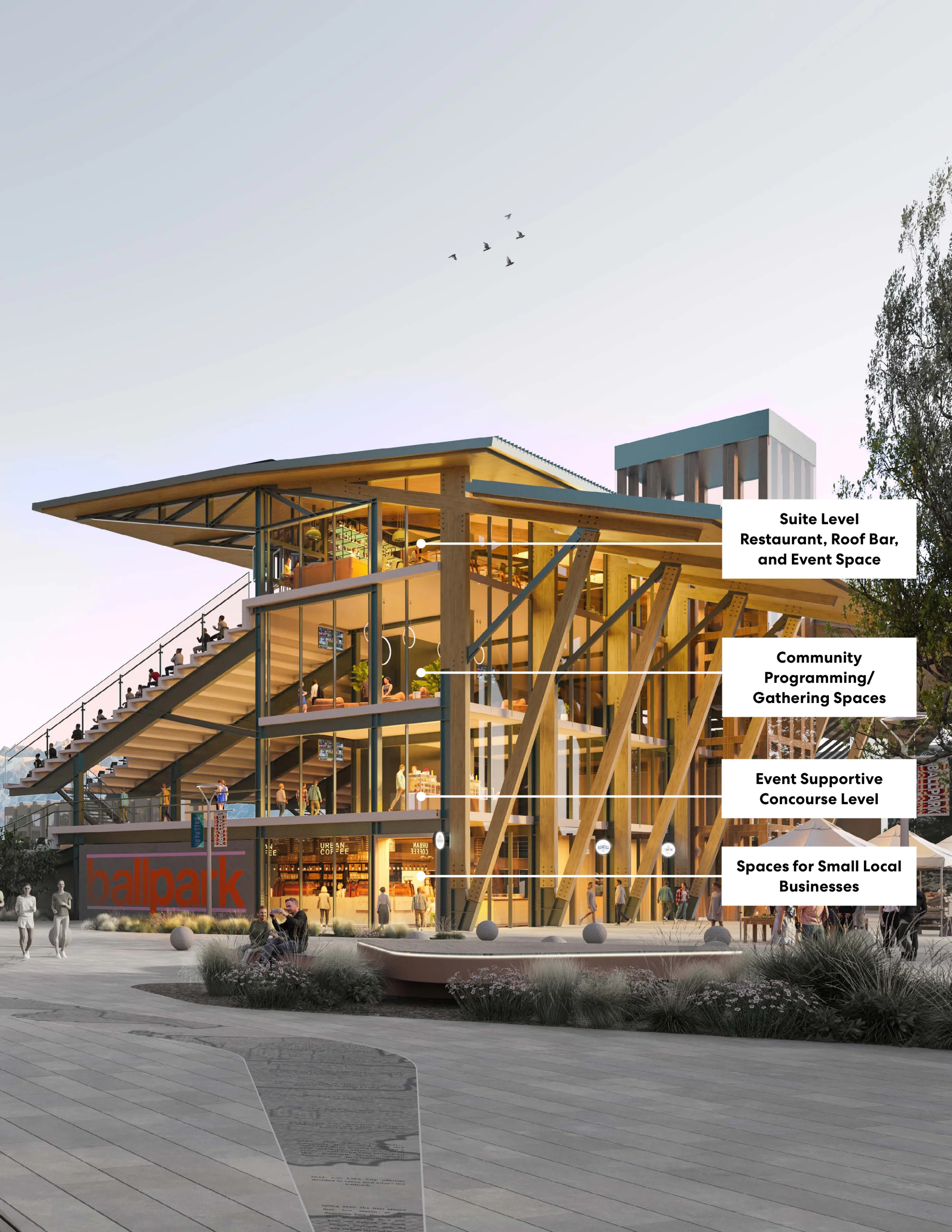 Architectural rendering of the reimagined ballpark venue featuring annotations for Suite Level Restaurant, Roof Bar, and Event Space; Community Programming/Gathering Spaces; Event Supportive Concourse Level; and Spaces for Small Local Businesses.