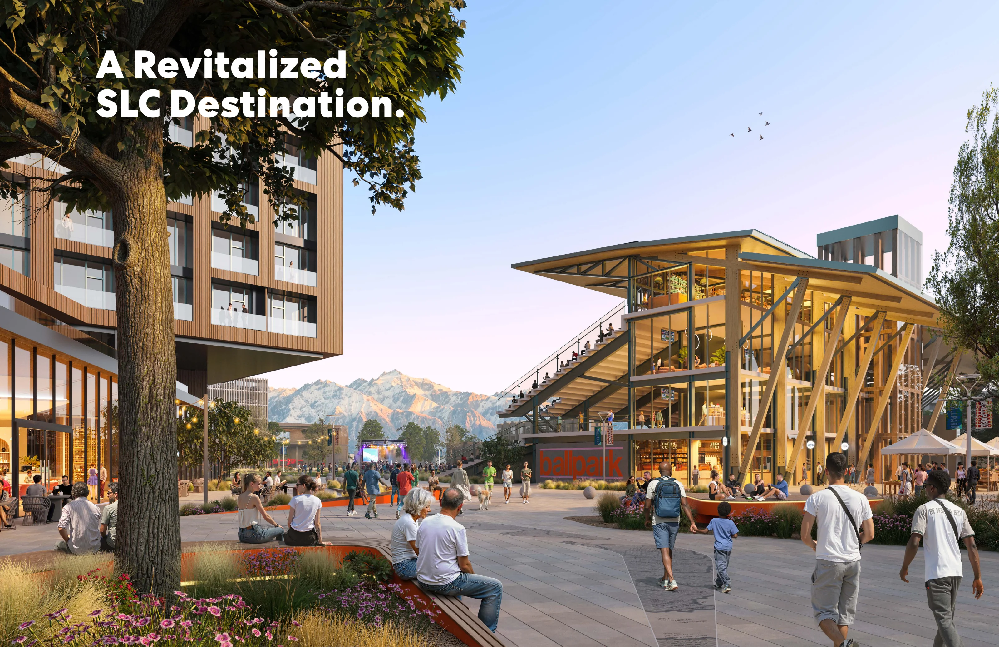 Architectural rendering showing a bustling public plaza in the Ballpark neighborhood with a multi-story mass-timber community pavilion, pedestrian promenade, outdoor dining, landscaping, and Wasatch mountain views in the background.