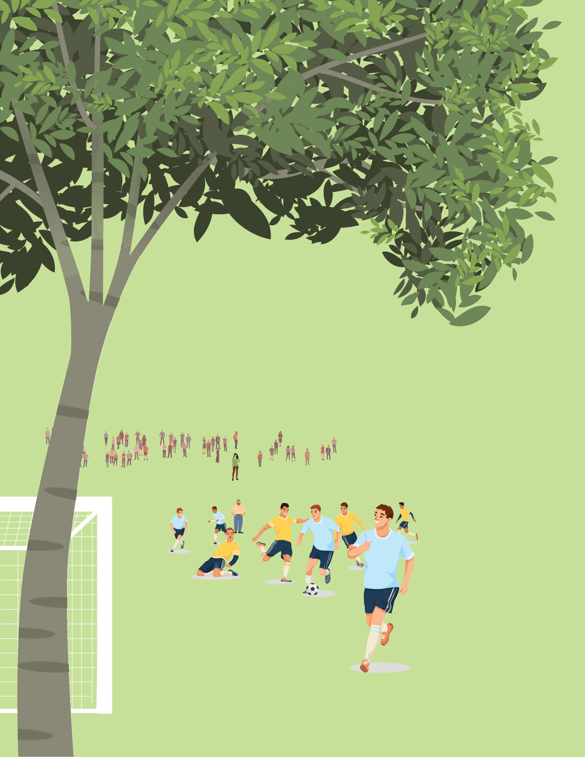 Illustration of a soccer match in a park with spectators watching and a large green tree framing the scene