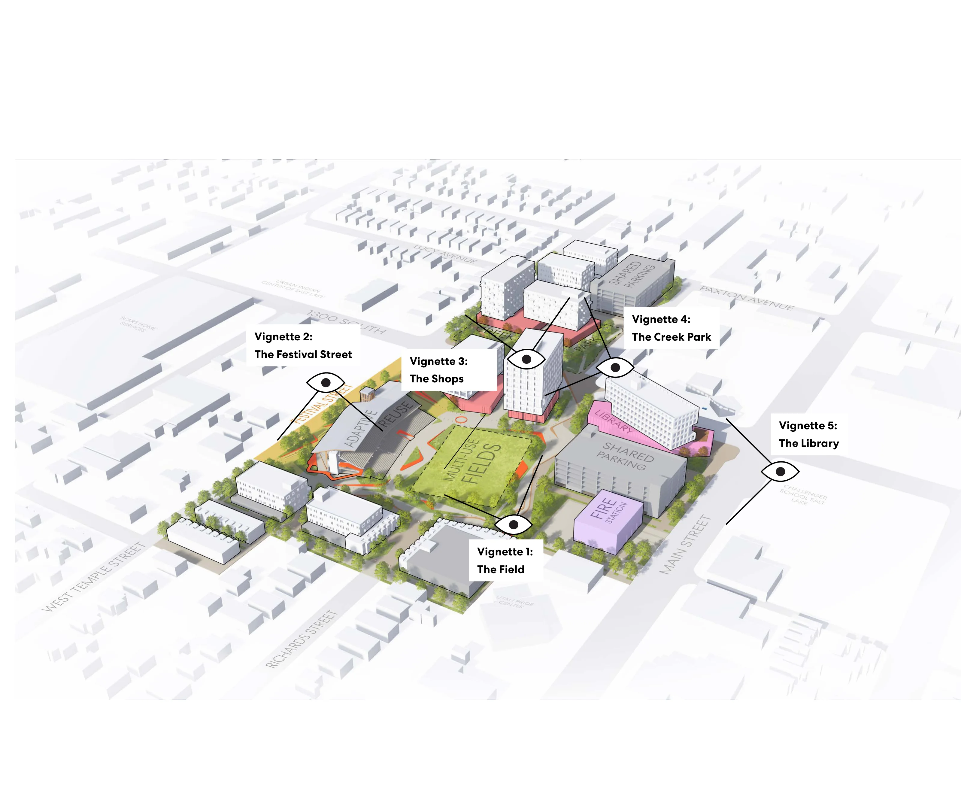 Isometric aerial site plan with five labeled Ballpark Next user-experience callouts.