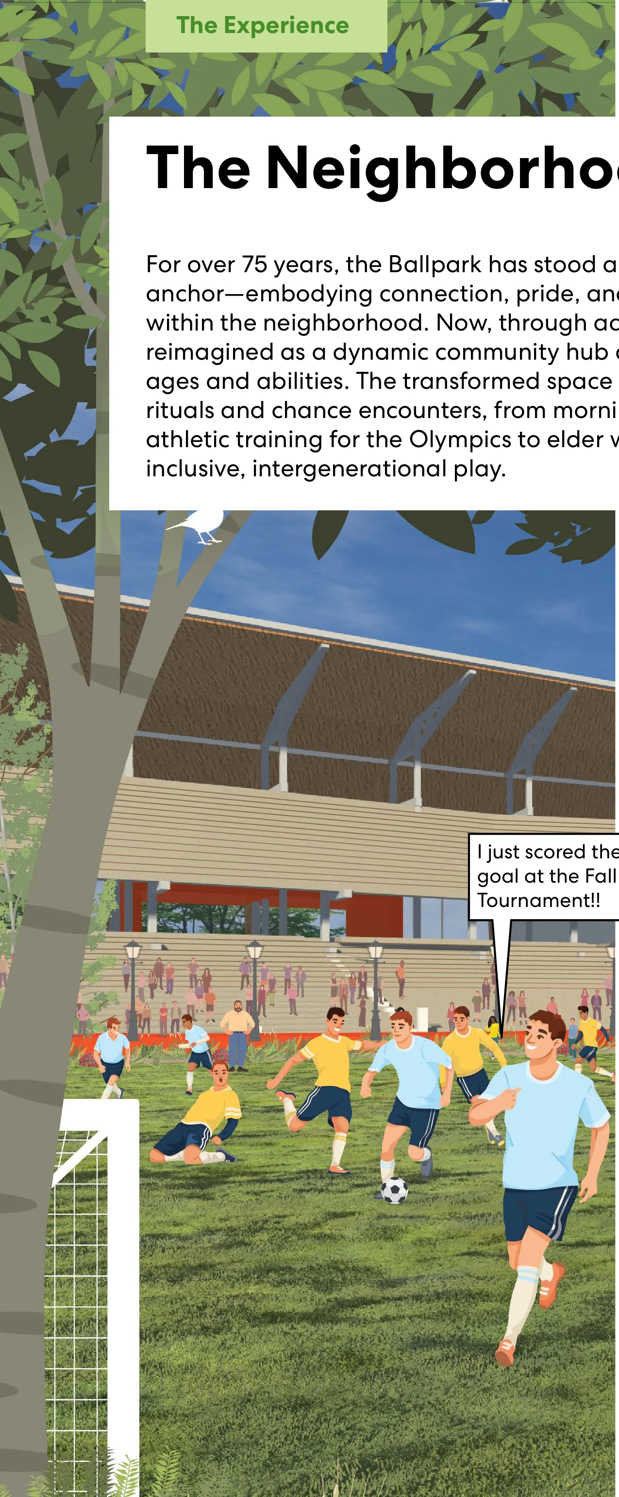 Fall Season: Community members playing soccer tournament on the field with cheering spectators in front of the stadium structure.
