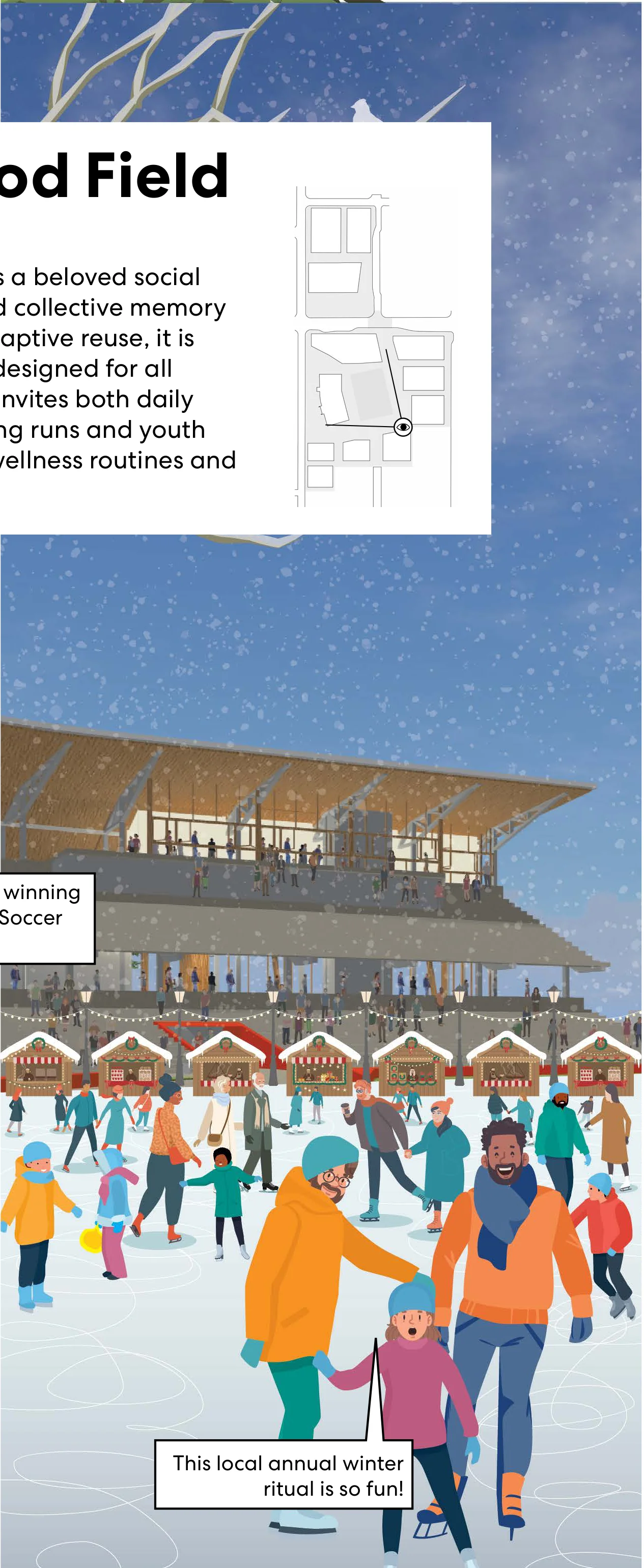 Winter Season: Festive outdoor winter ice skating rink with skaters of all ages and holiday market stalls.