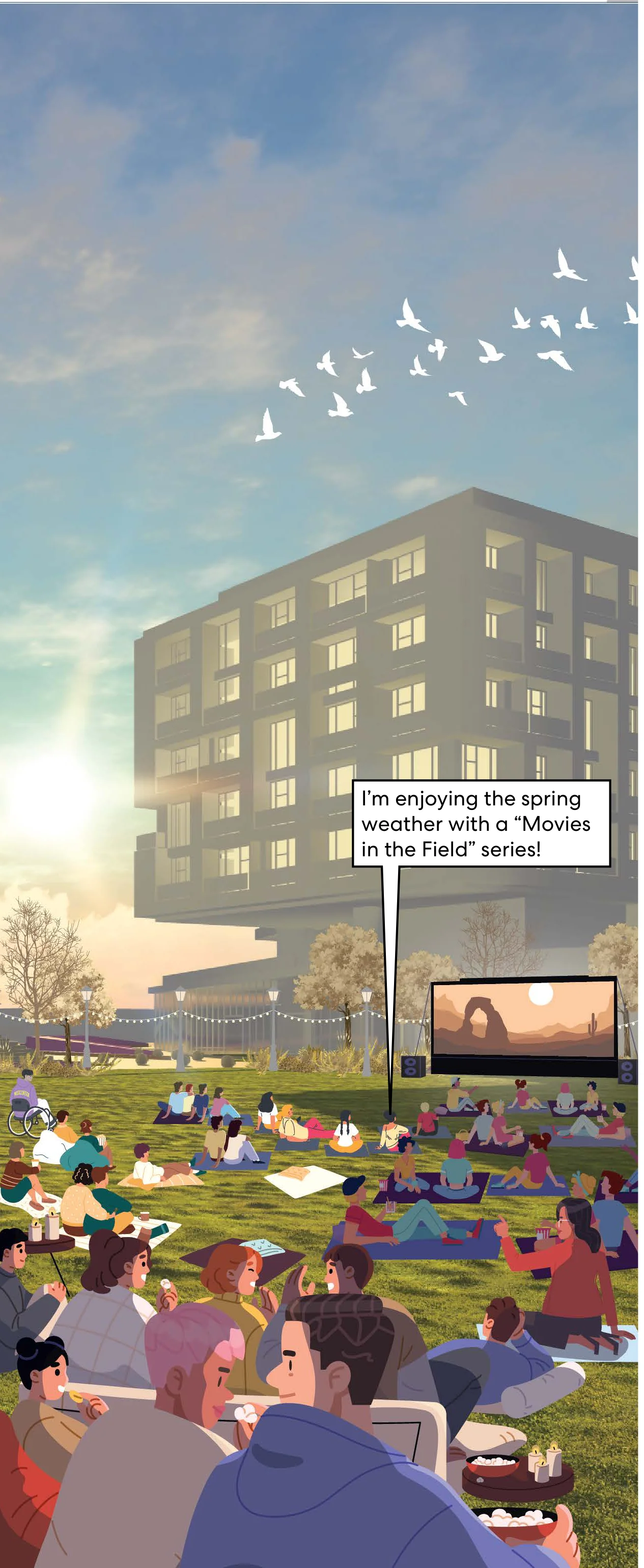 Spring Season: Sunny afternoon on the lawn with residents picnicking and watching an outdoor movie screening in the field.