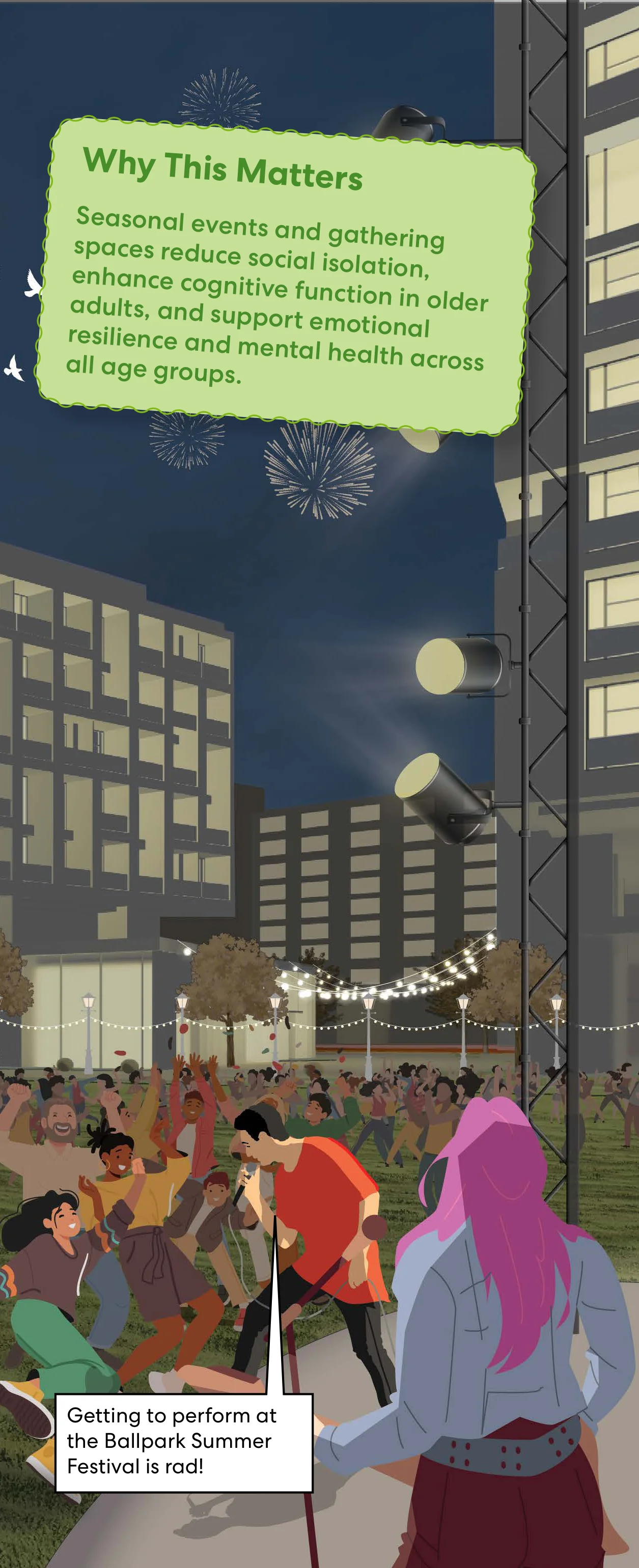 Summer Season: Nighttime outdoor summer festival concert with live musical performance, cheering crowd, and fireworks.