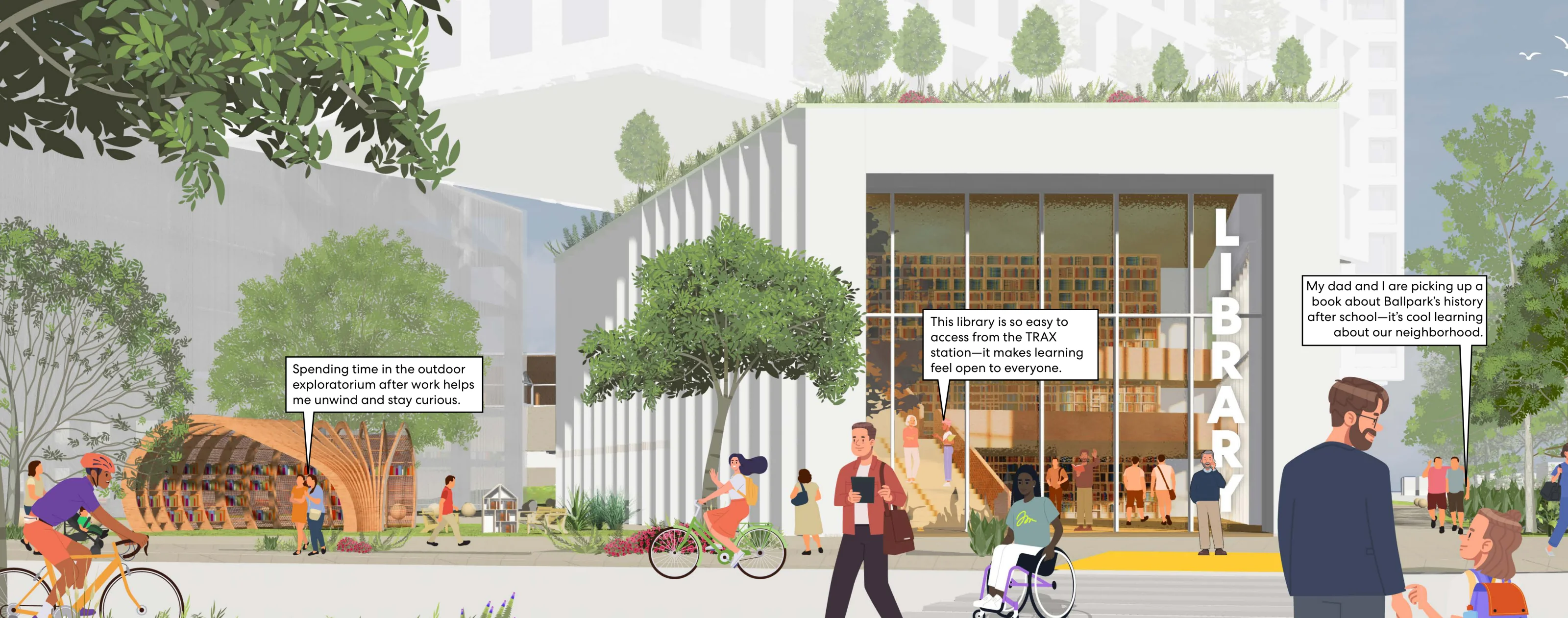 Architectural illustration of the new Public Library with an outdoor exploratorium, active public plaza with pedestrians and cyclists, large floor-to-ceiling glass windows displaying library bookshelves, and integrated community spaces