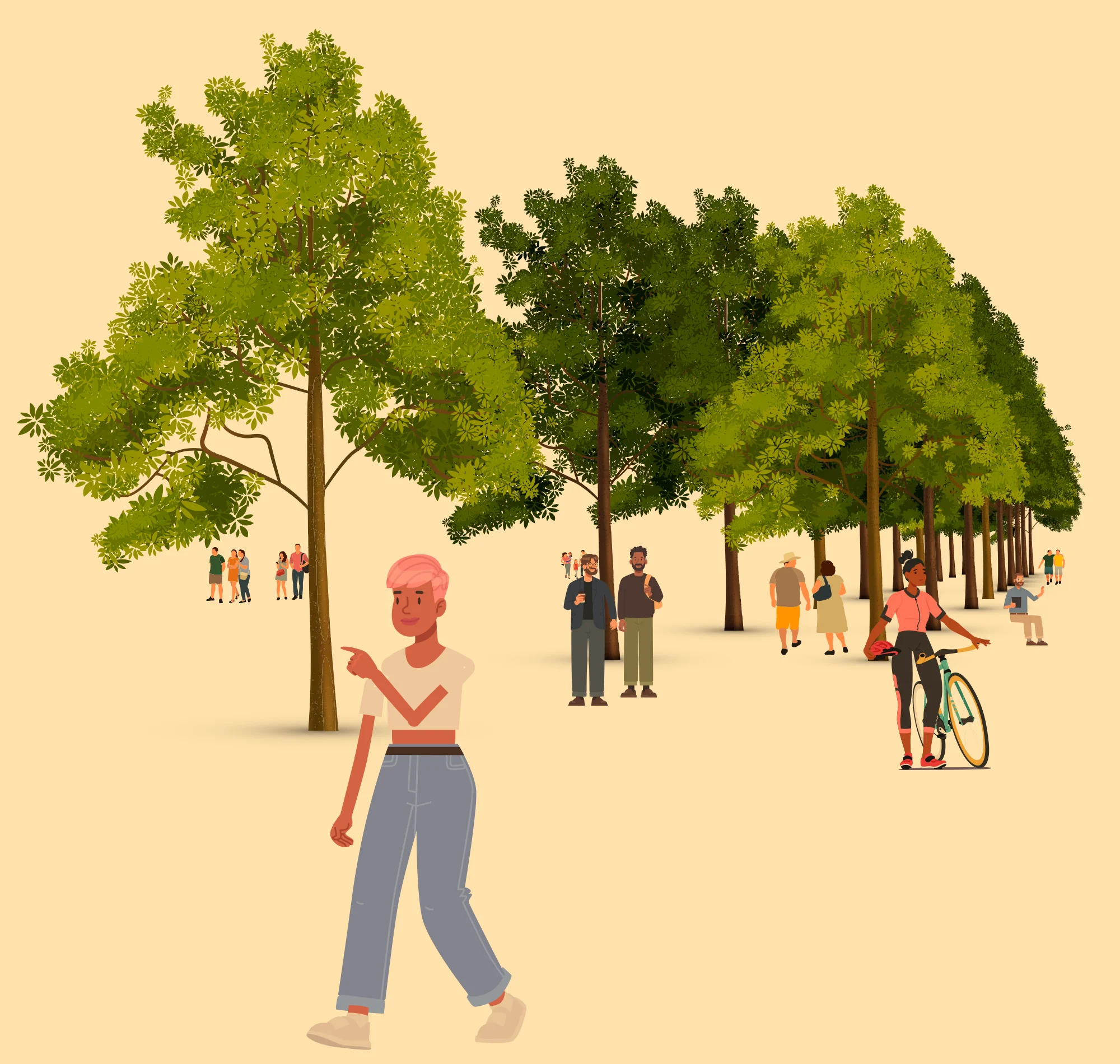 Illustration of people walking, cycling, and talking along a tree-lined avenue