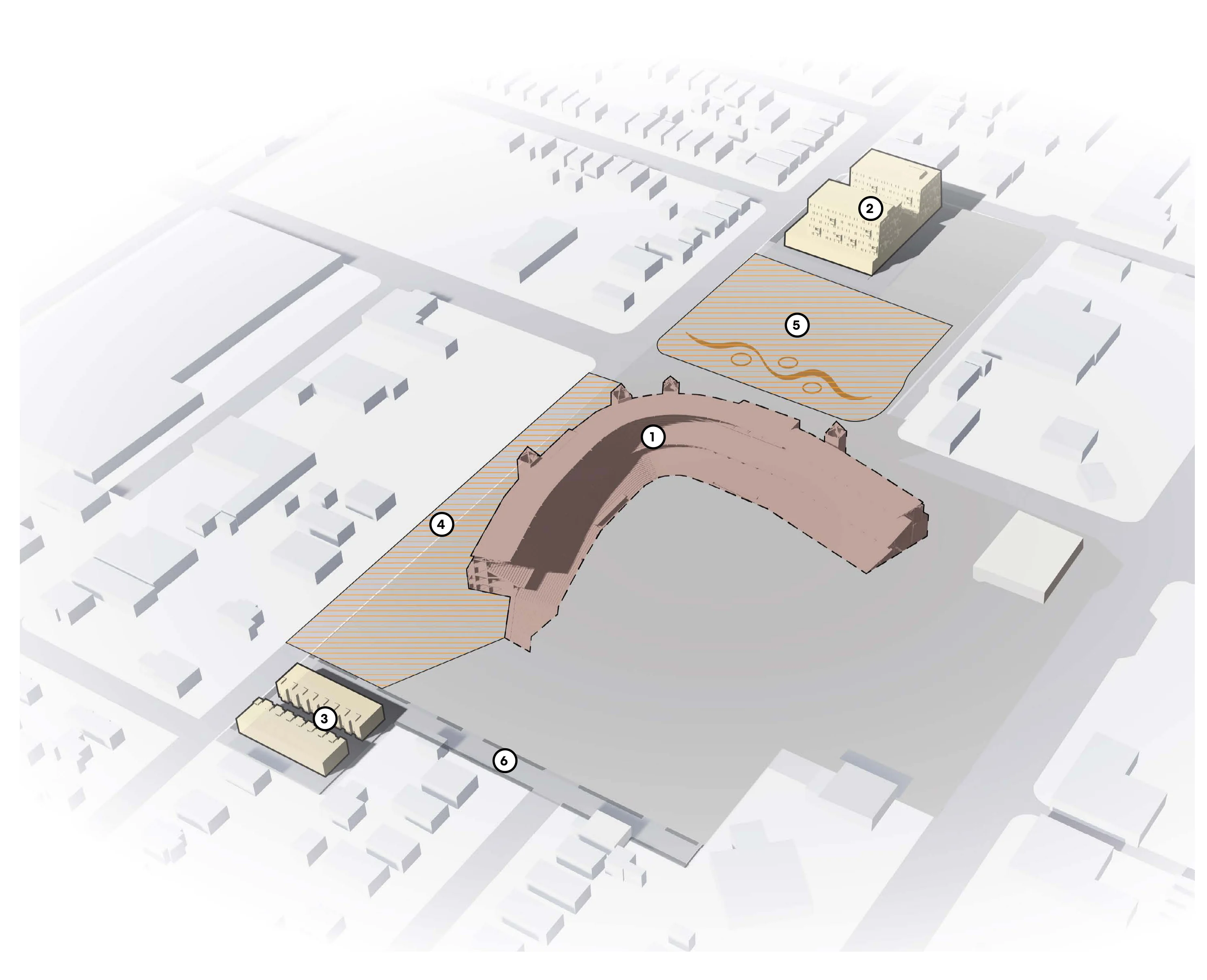 Isometric aerial 3D rendering of Phase 1 site plan highlighting ballpark partial demolition, multi-family housing block, festival street zone, and parking lot activation numbered 1 through 6.