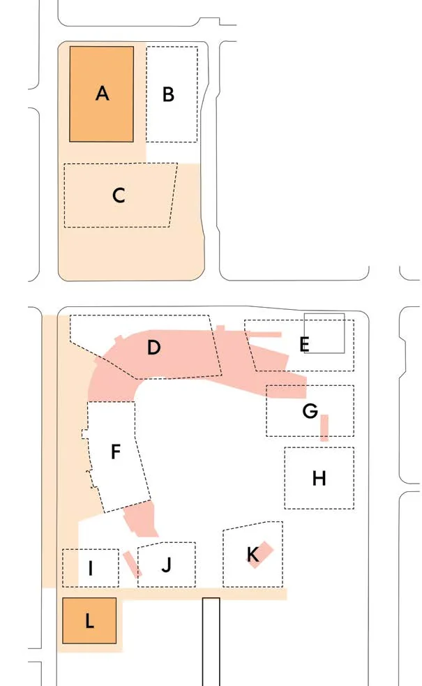 Key plan diagram illustrating parcels A through L with active Phase 1 areas highlighted