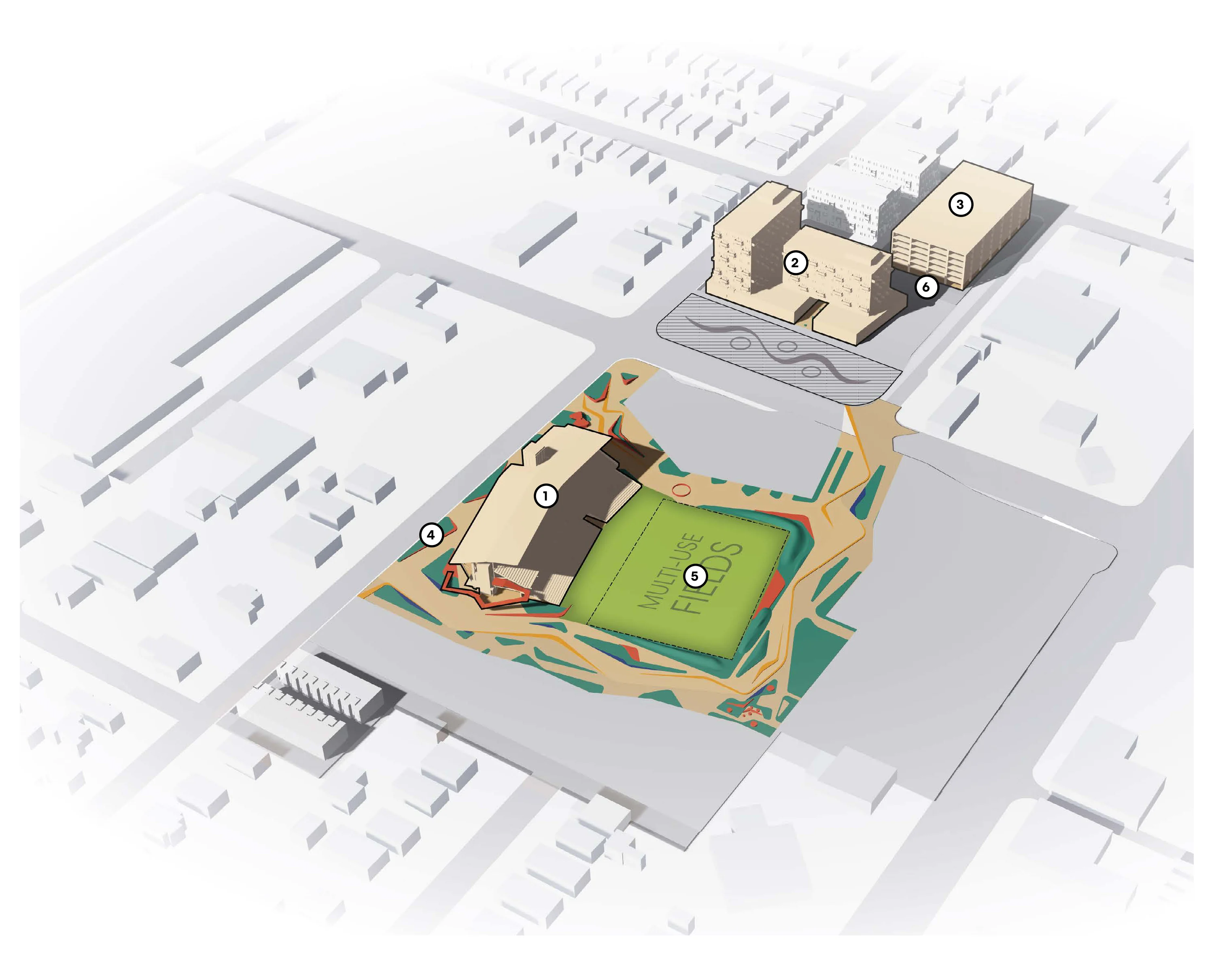 Axonometric 3D diagram of Phase 2 site development showing the Ballpark reuse, multi-use fields, housing, and parking garage with numbered callouts 1 through 6.