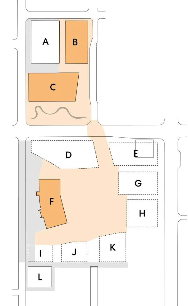 Phase 2 site plan key map showing parcels A through L with active phase 2 parcels highlighted in orange.