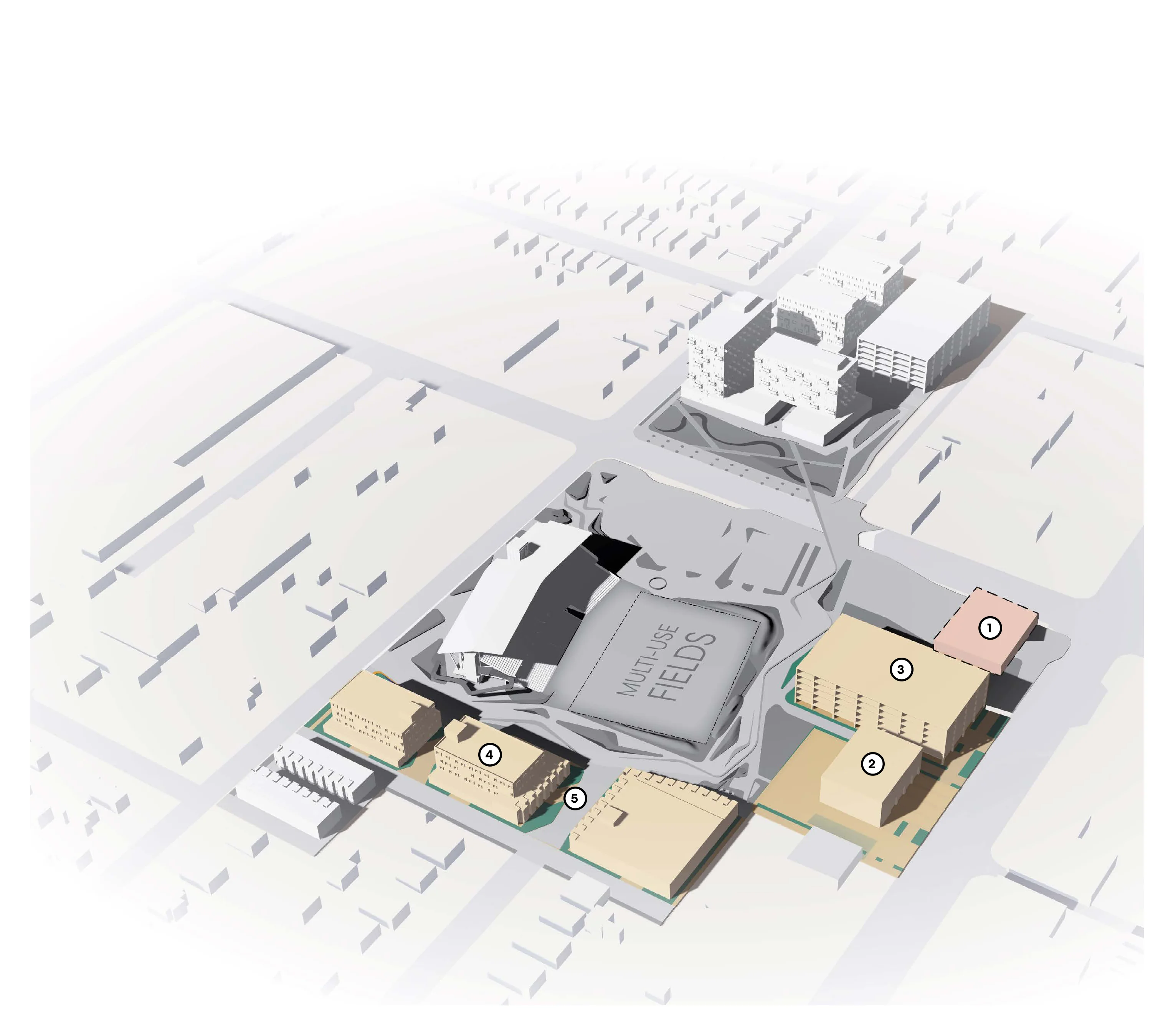 Isometric architectural diagram of Phase 3 development showing multi-use fields, municipal parking garage (3), Fire Station 8 (2), demolished existing station (1), multi-family housing (4), and shared street extension (5).