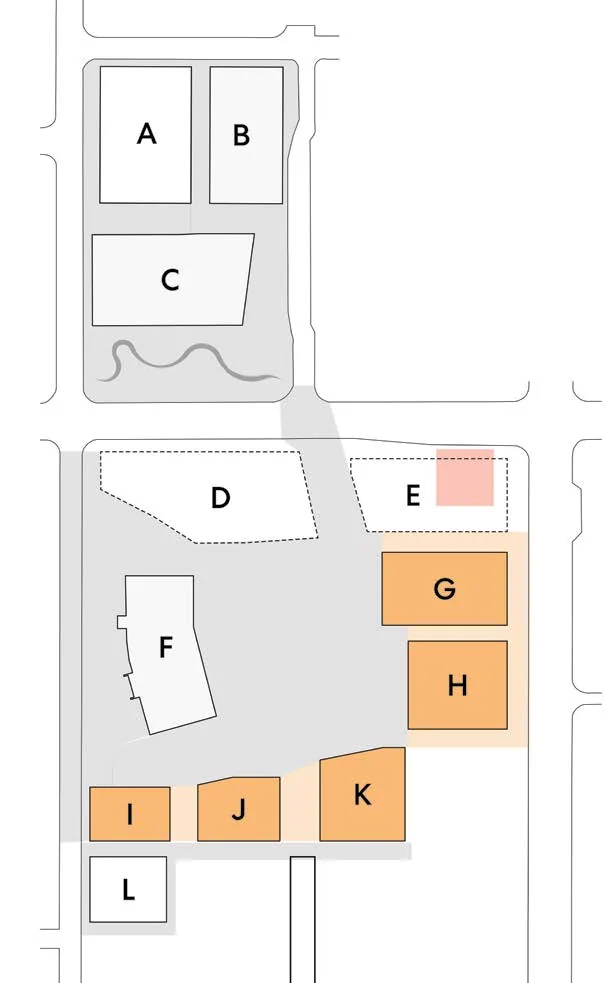 Phase 3 site plan key map showing parcel lots A through L with lots E, G, H, I, J, K highlighted in orange