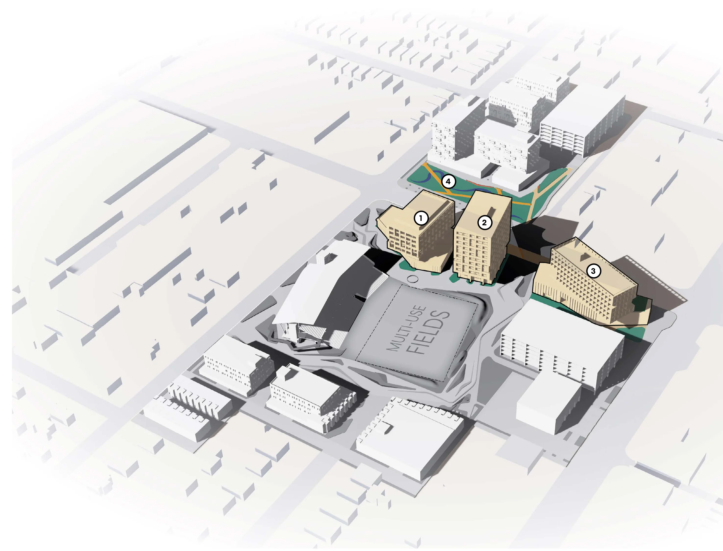 3D isometric rendering of Phase 4 development plan showing hotel (1), multi-family residential (2), housing with library branch (3), Creek Park (4), and adjacent multi-use fields