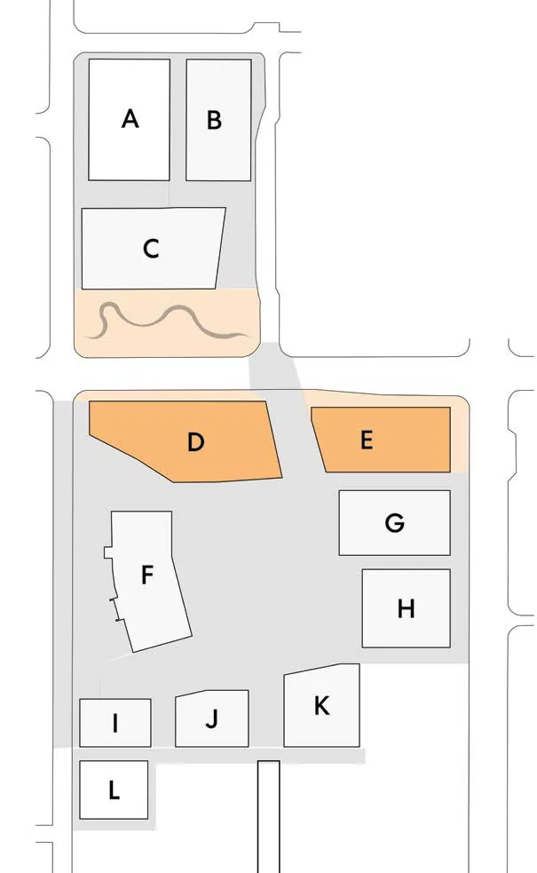 Diagram map highlighting parcels D and E for Phase 4 development