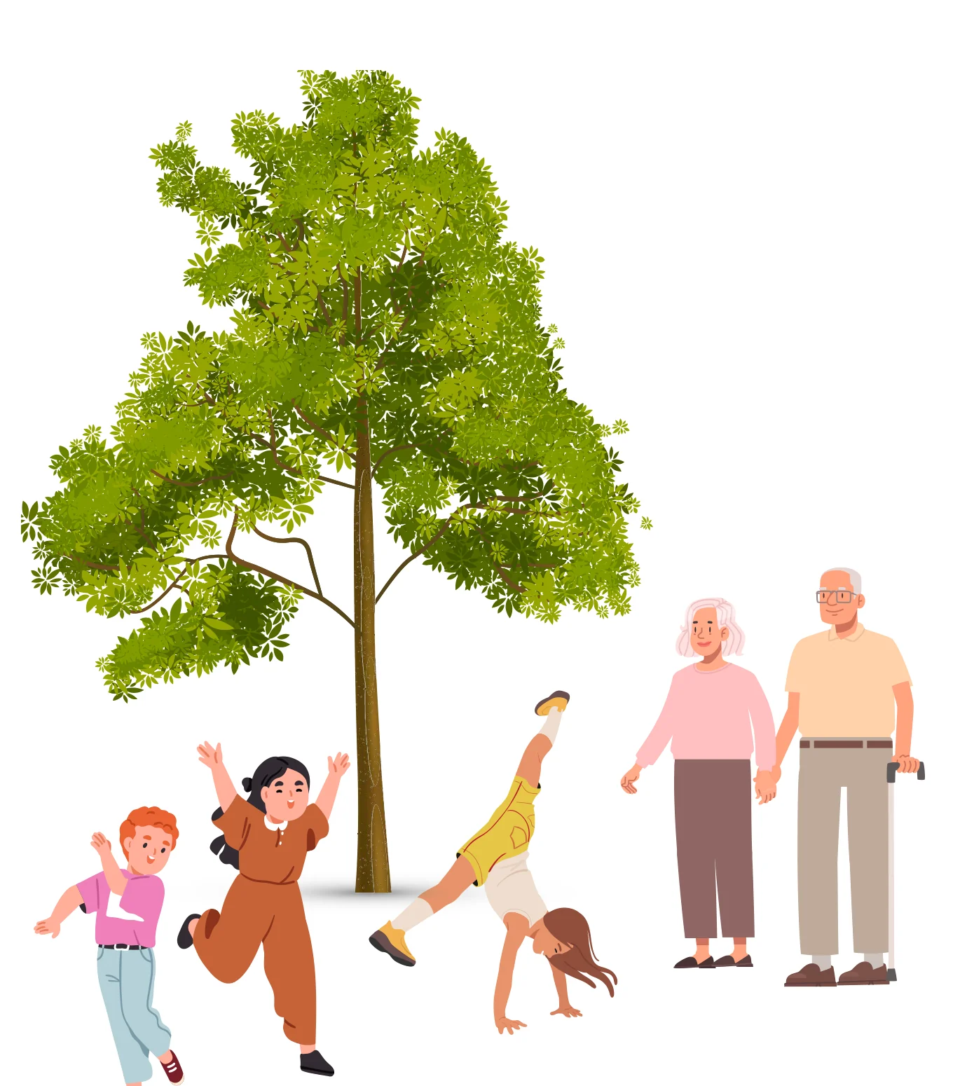 Illustration of a green tree with a family playing joyfully, including children doing cartwheels and running, and an older couple walking together.