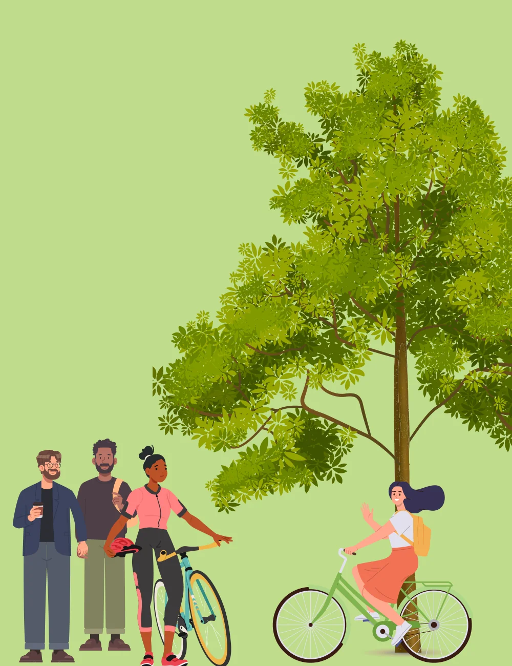 Community members gathering and bicycling under a tree