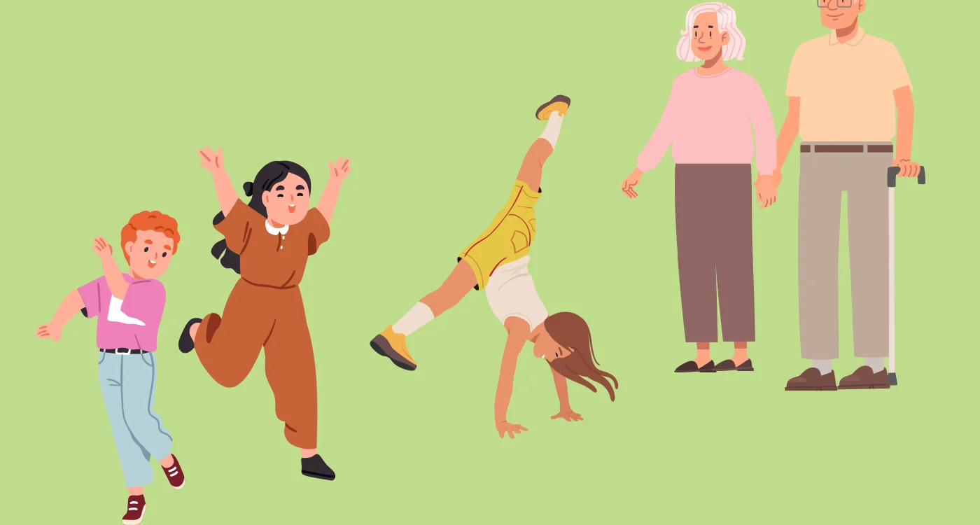 Children playing and grandparents walking together