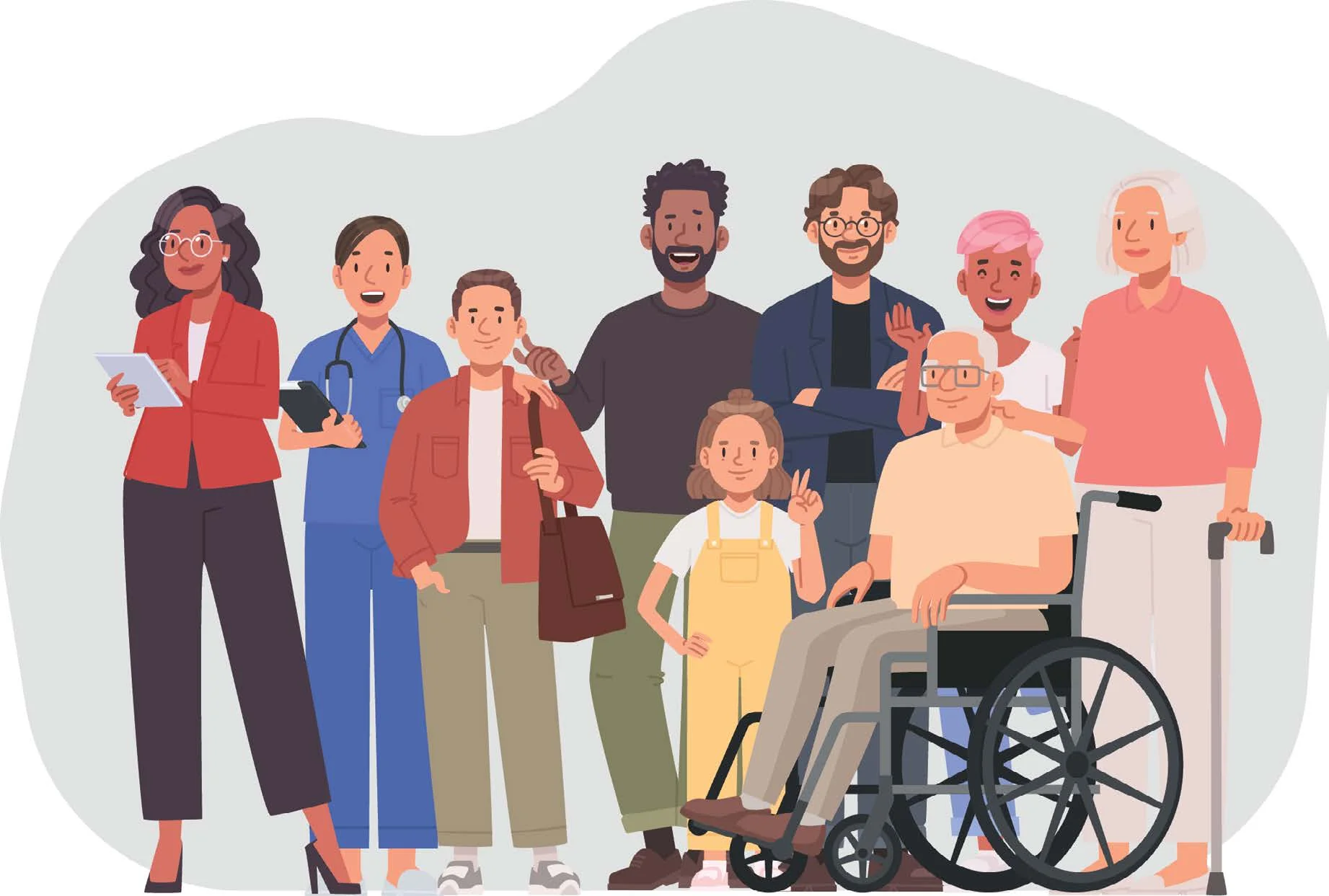 Illustration of a diverse group of community members representing various ages, backgrounds, professions, and abilities.