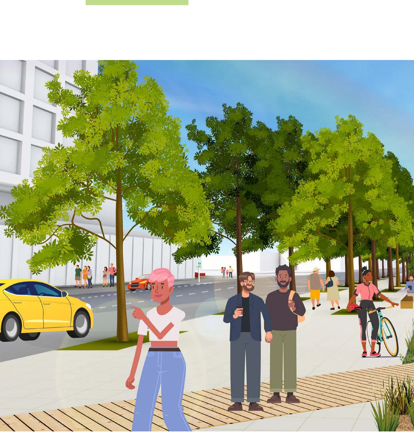 Illustration of tree-lined promenade with pedestrians, cyclists, and calm streets