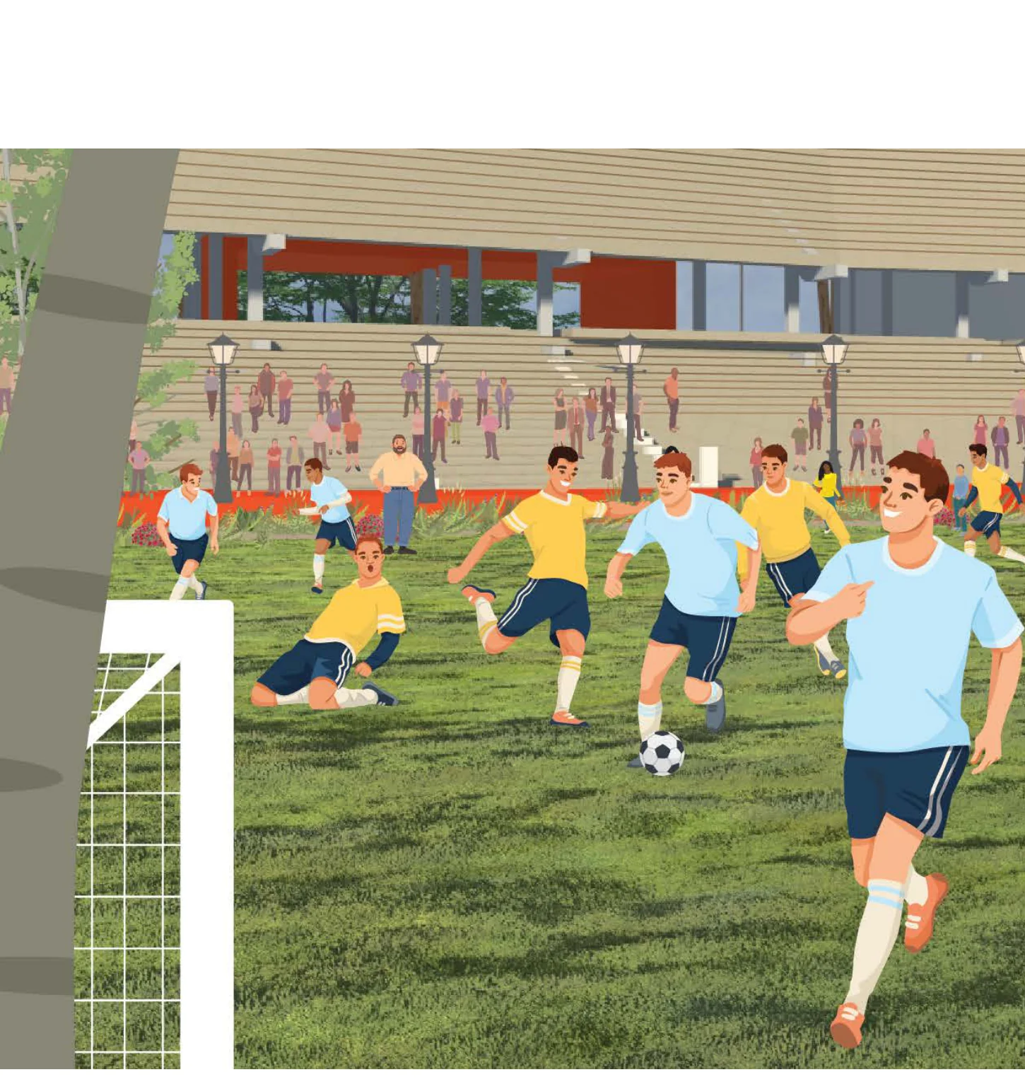 Illustration of youth playing soccer on a multi-purpose neighborhood sports field