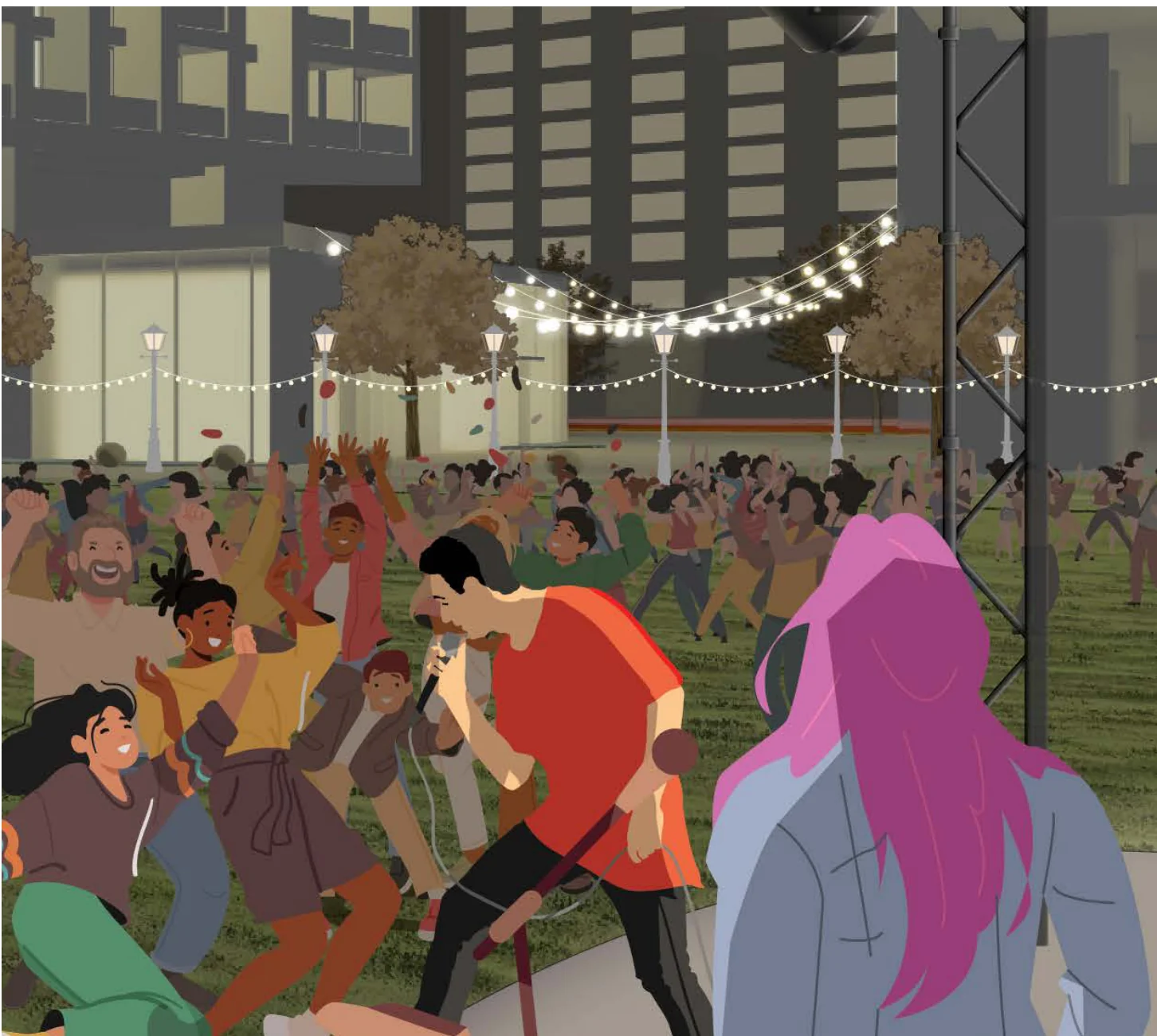 Illustration of an outdoor live music and cultural event venue with a performing band and audience