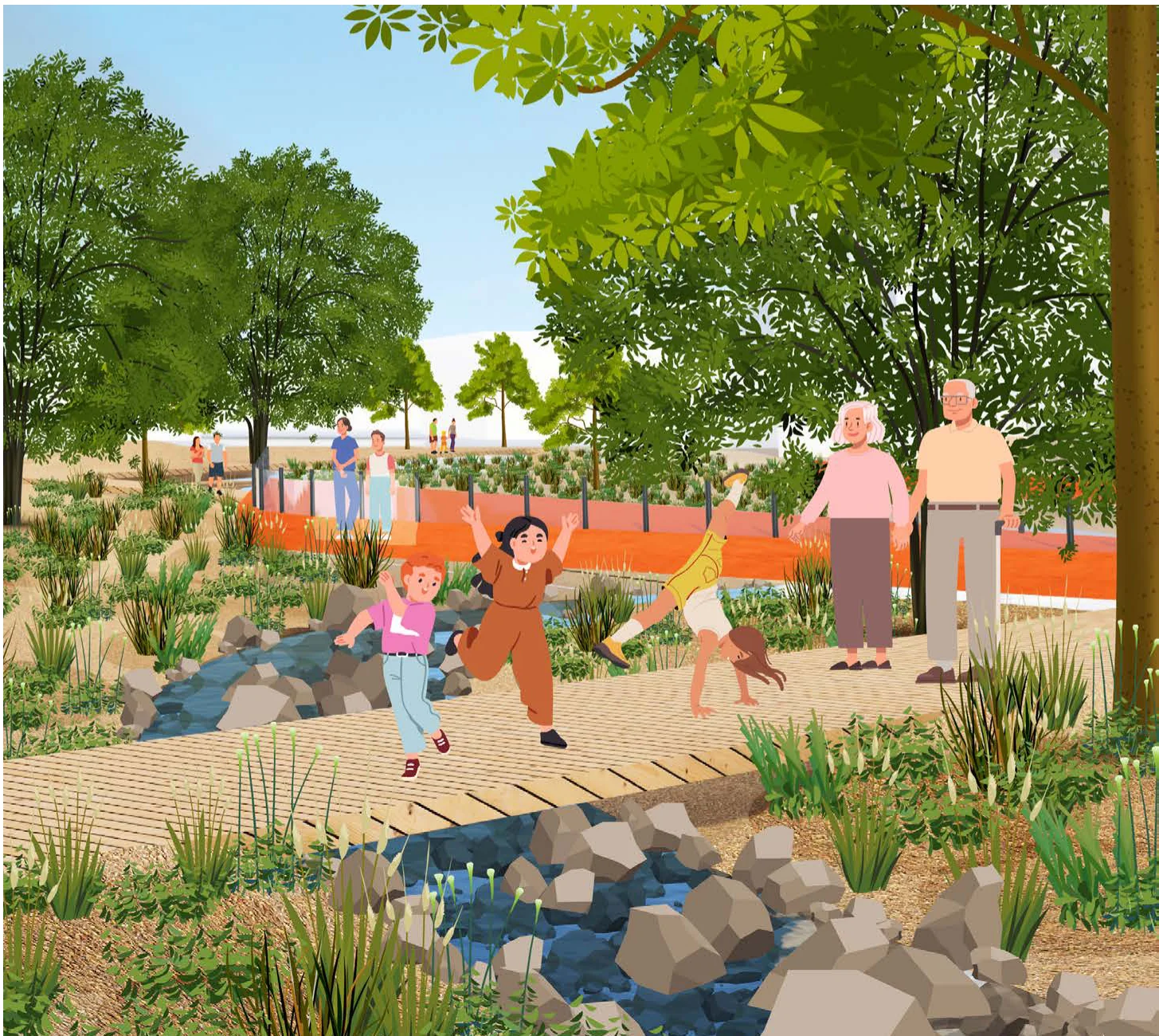 Illustration of daylighted creek park with walking boardwalk, lush greenery, and families enjoying nature