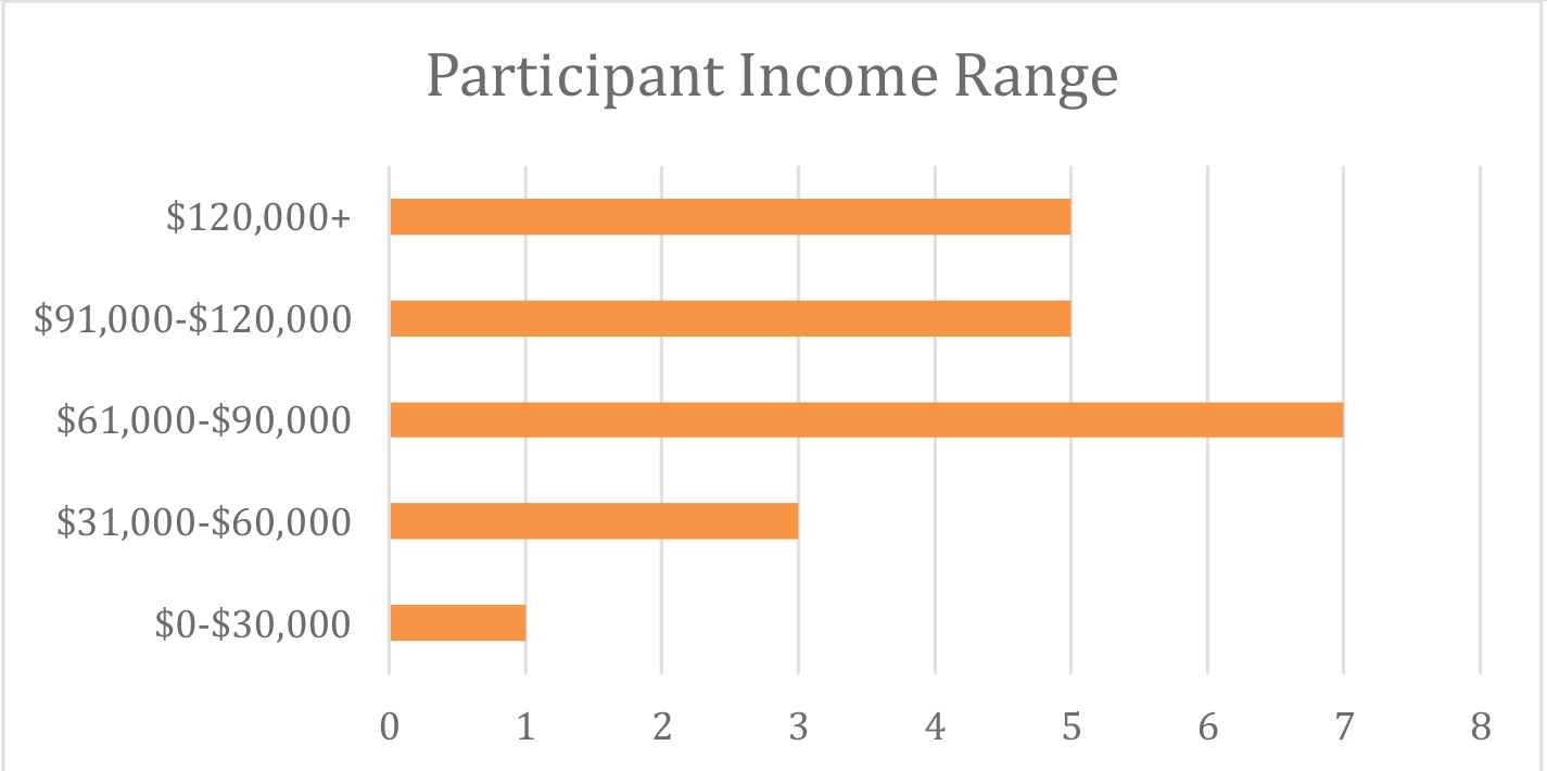 Participant Income Range horizontal bar chart showing distribution across income brackets from $0-$30,000 to $120,000+