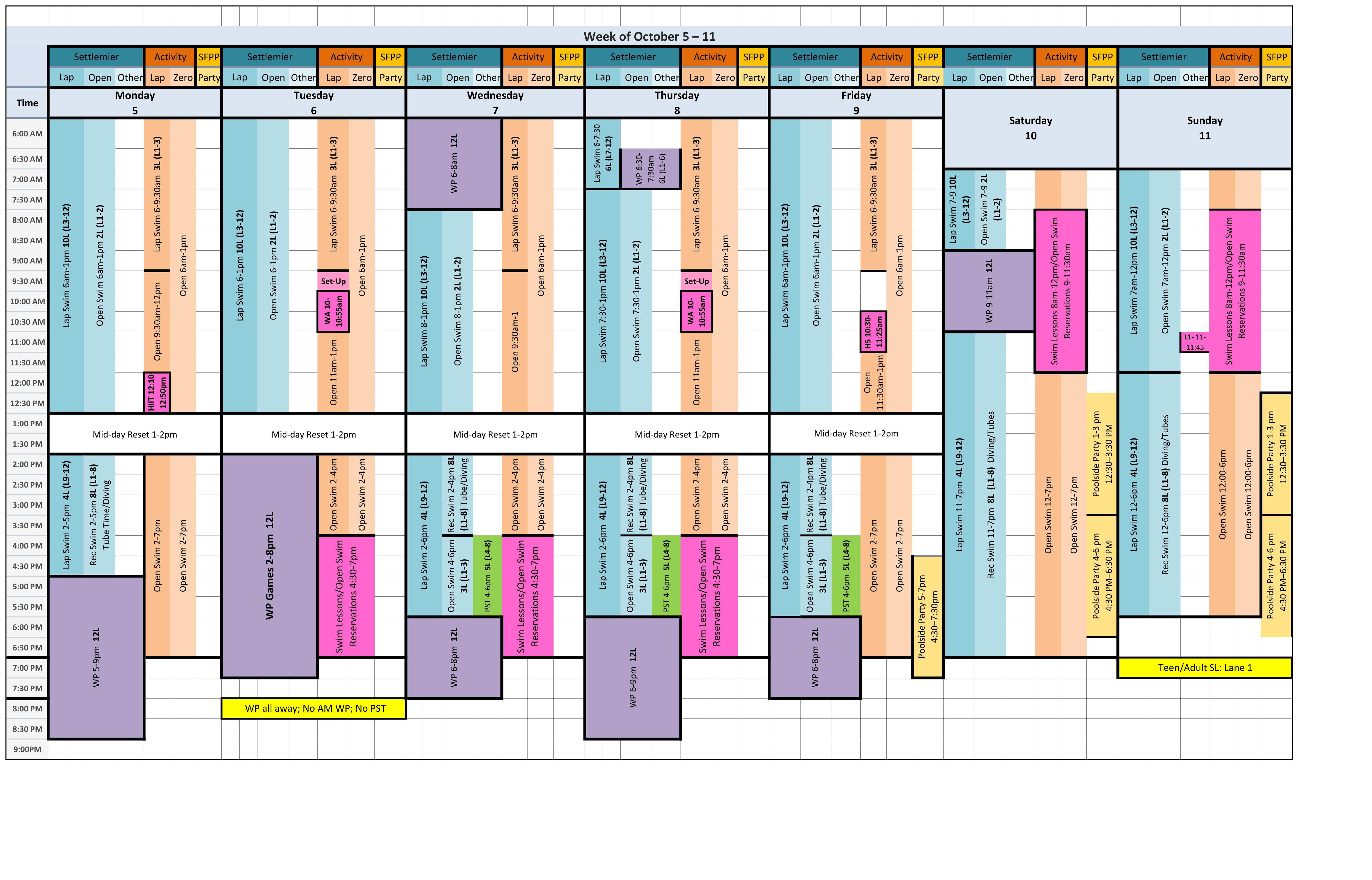 Week of October 5 – 11 Pool Schedule Grid