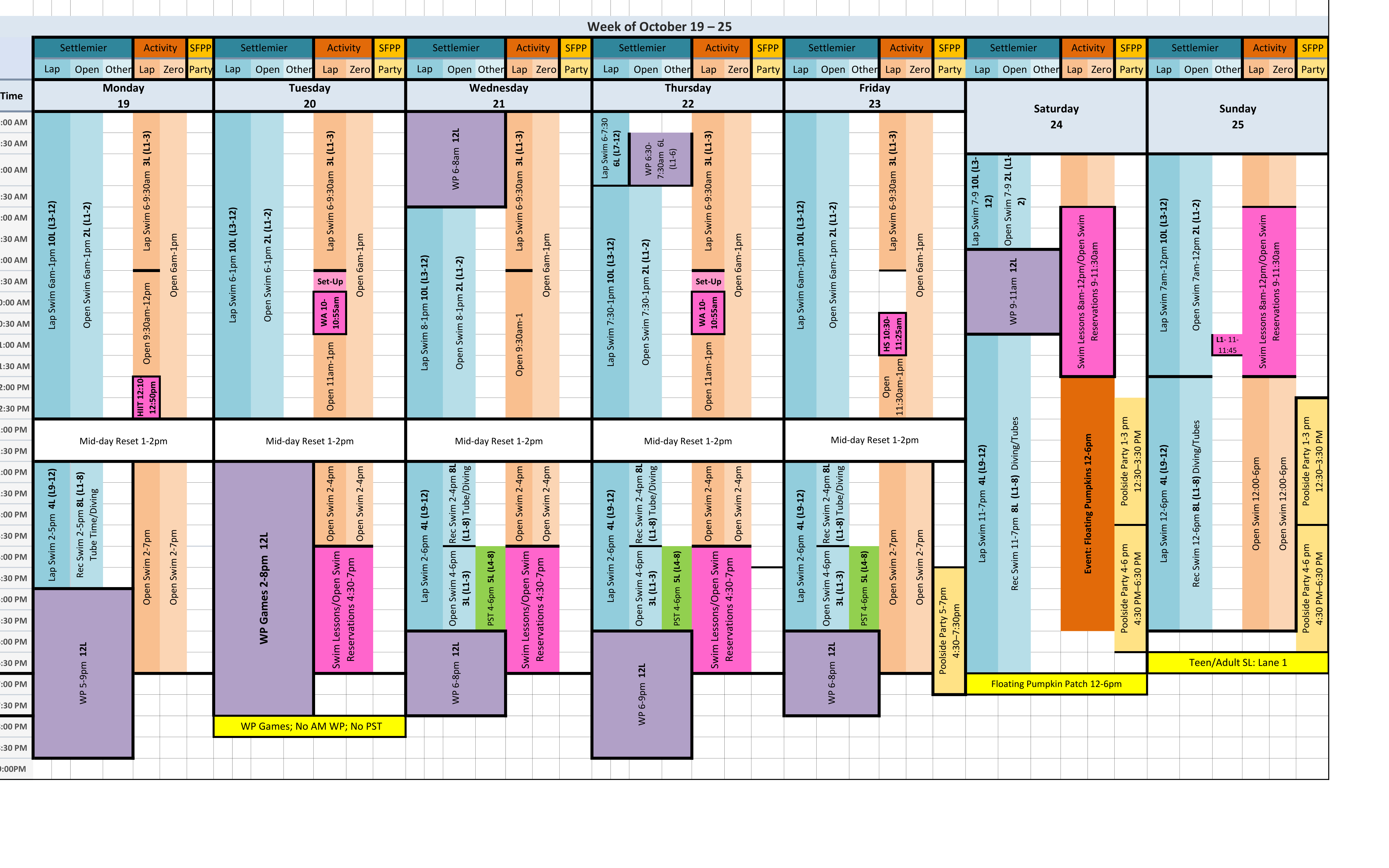 Weekly Pool Schedule for October 19 - 25 showing time slots and lane allocations for Settlemier Pool, Activity Pool, and SFPP