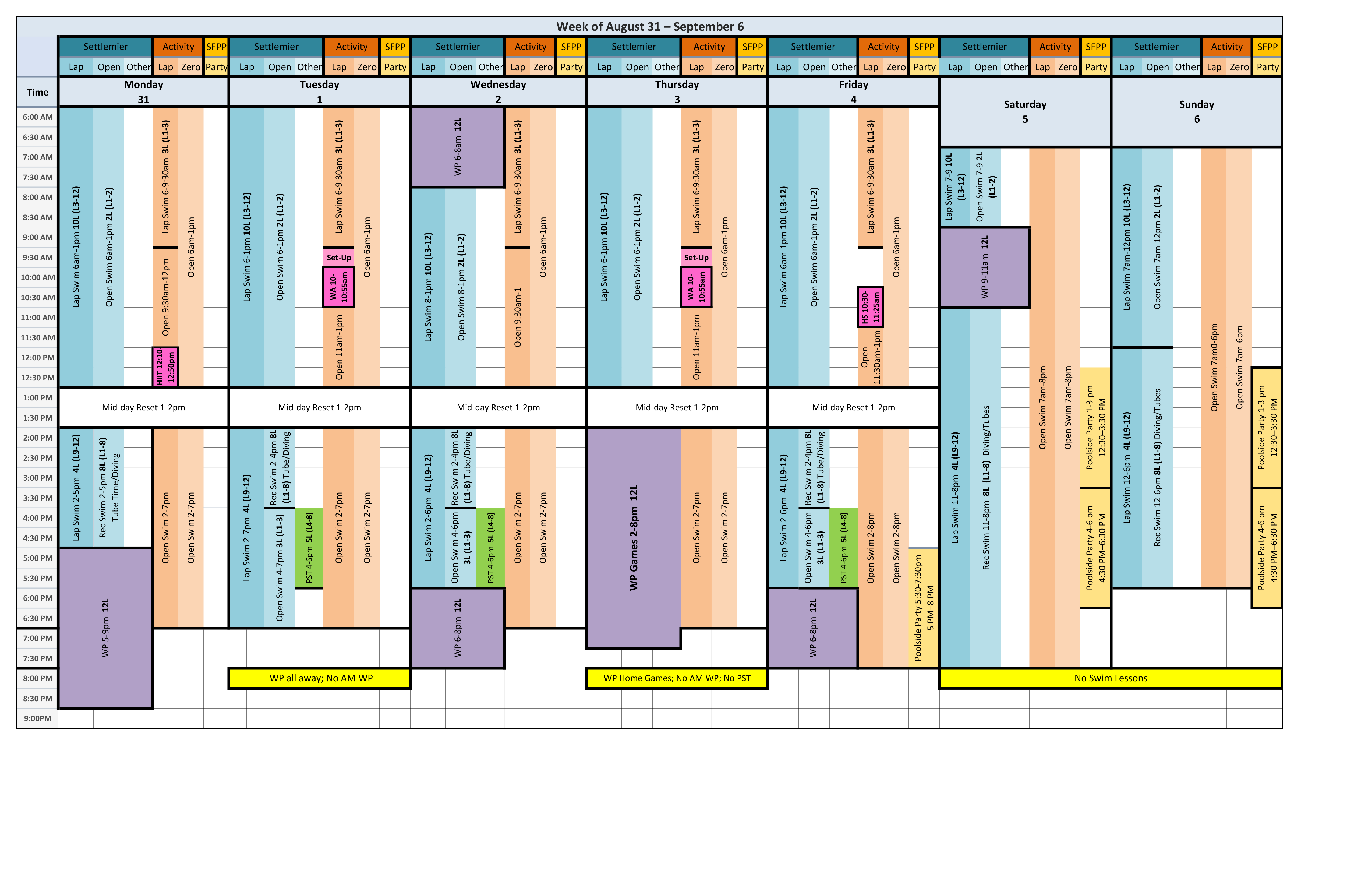 Week of August 31 – September 6 Pool Schedule