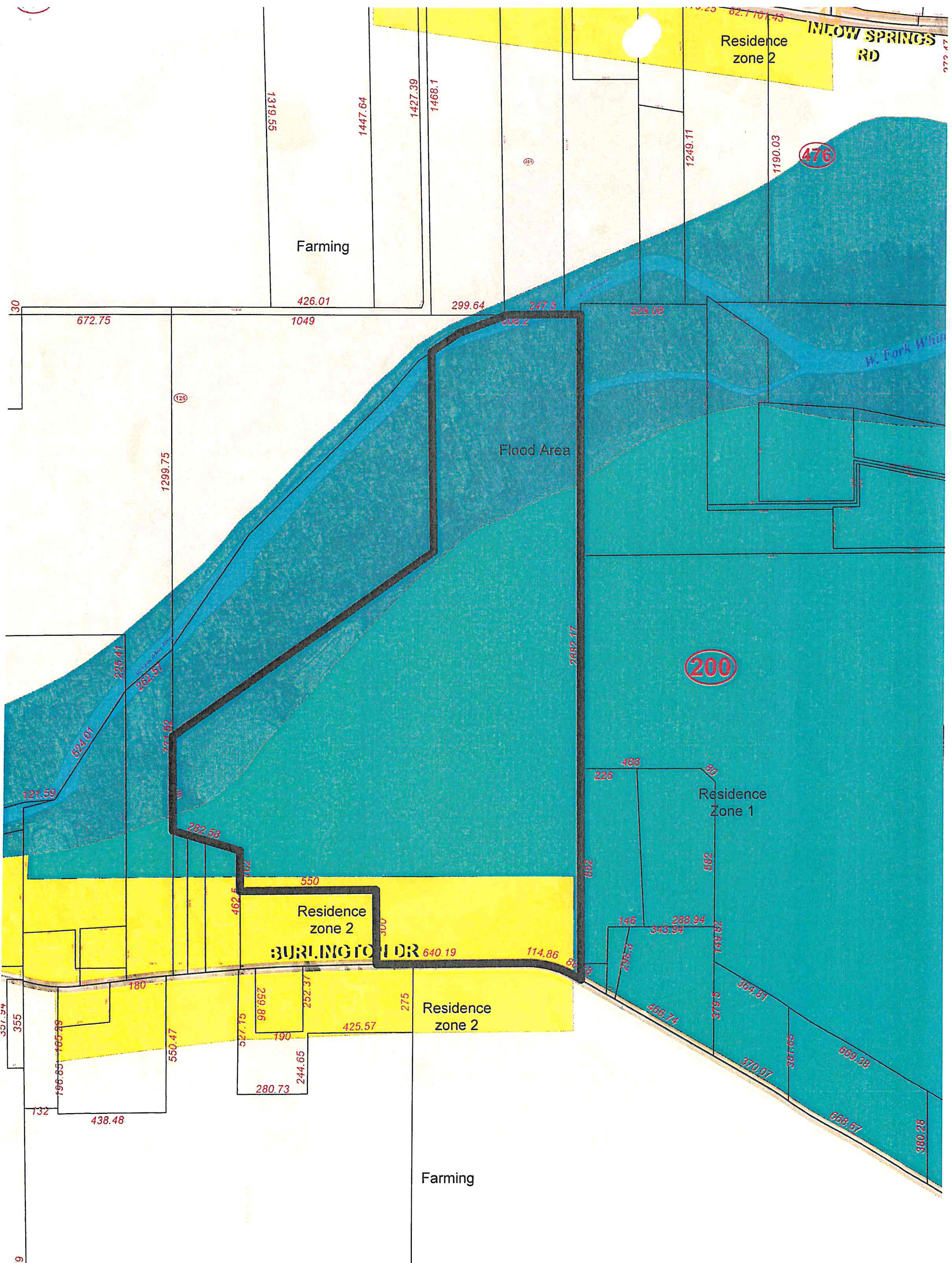 Zoning and parcel plat map detailing boundary lengths, flood zone areas, and zoning classifications including Farming, Residence Zone 1, and Residence Zone 2 along Burlington Drive and Inlow Springs Road.