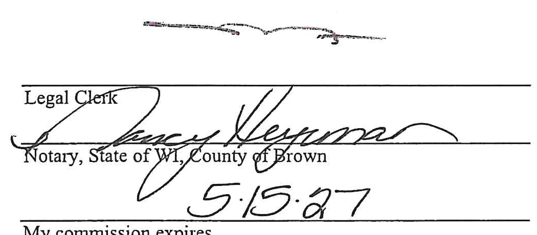 Signature of Legal Clerk and Notary Public Nancy Heyrman with Commission Expiration Date 5-15-27