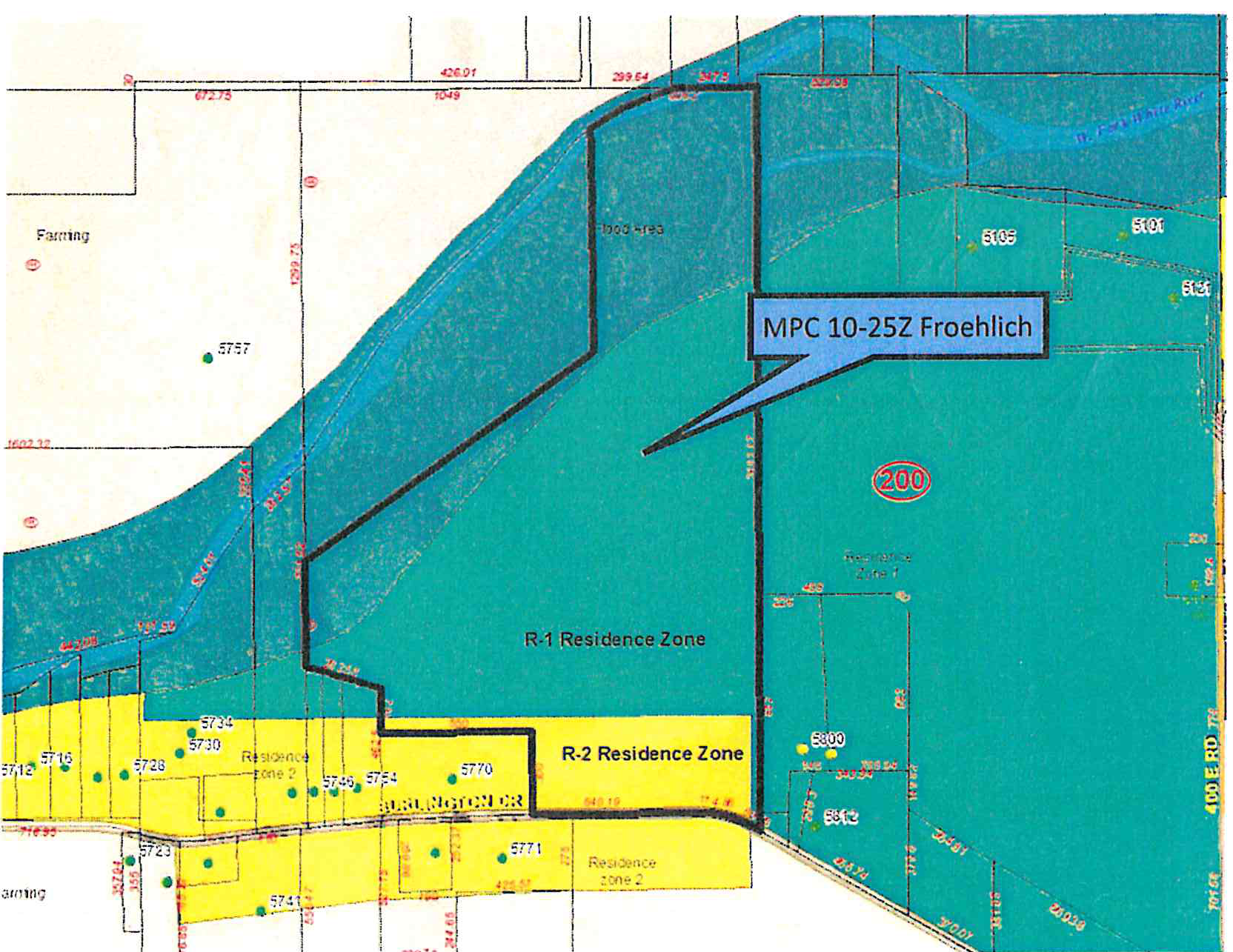 Map of MPC 10-25Z Monte Froehlich showing the highlighted parcel in the teal R-1 Residence Zone north of S. Burlington Dr., with the yellow R-2 Residence Zone along the road