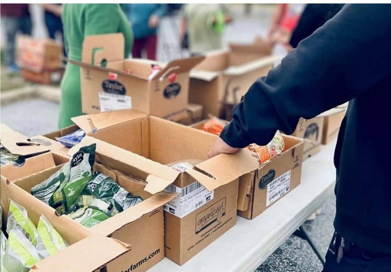 Volunteers packing and distributing fresh produce in boxes for the community