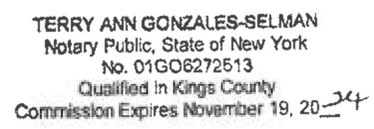 Notary Seal Stamp: Terry Ann Gonzales-Selman, Notary Public, State of New York, No. 01GO6272513, Qualified in Kings County, Commission Expires November 19, 2024