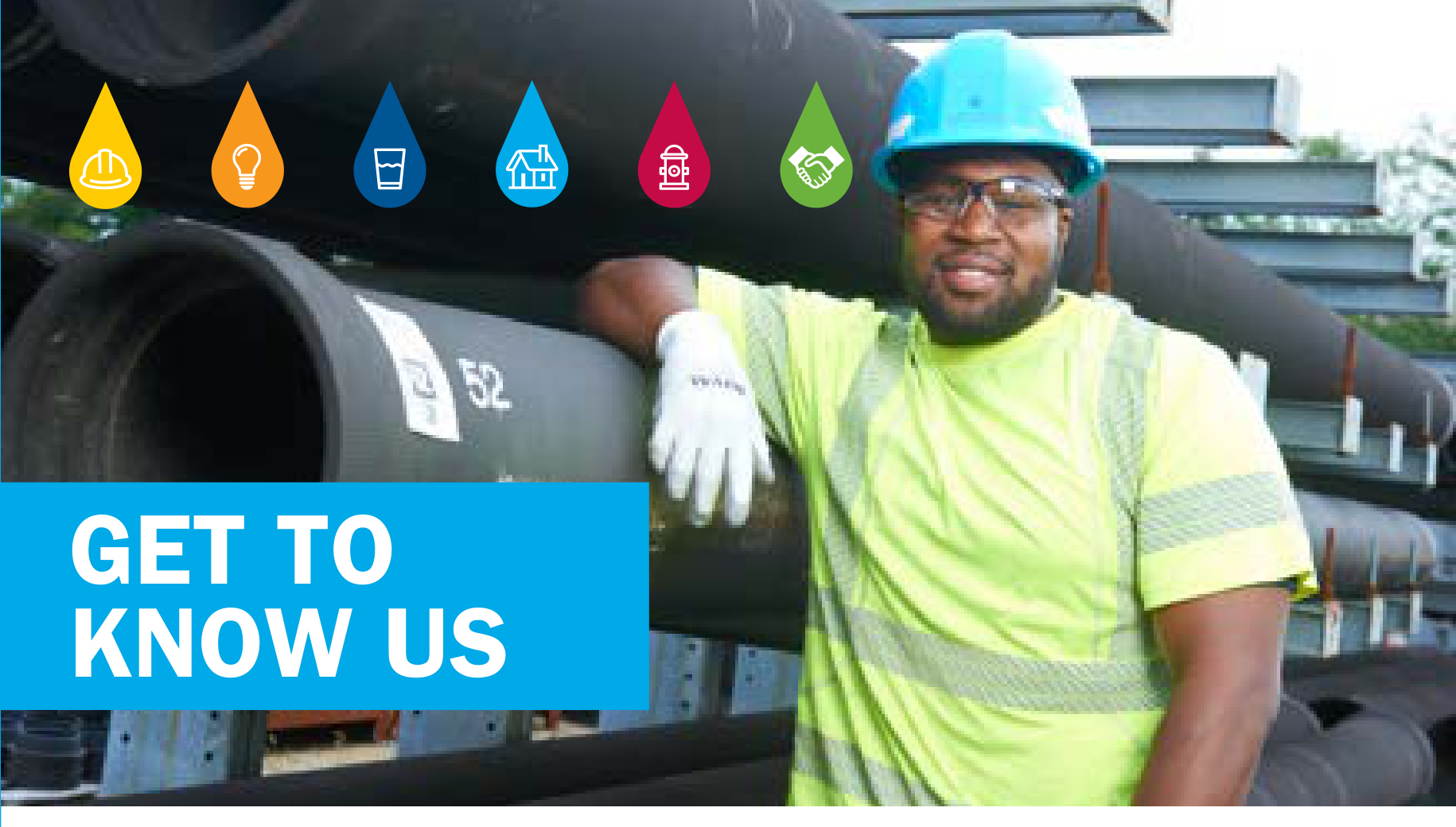 American Water engineer with safety equipment near pipeline
