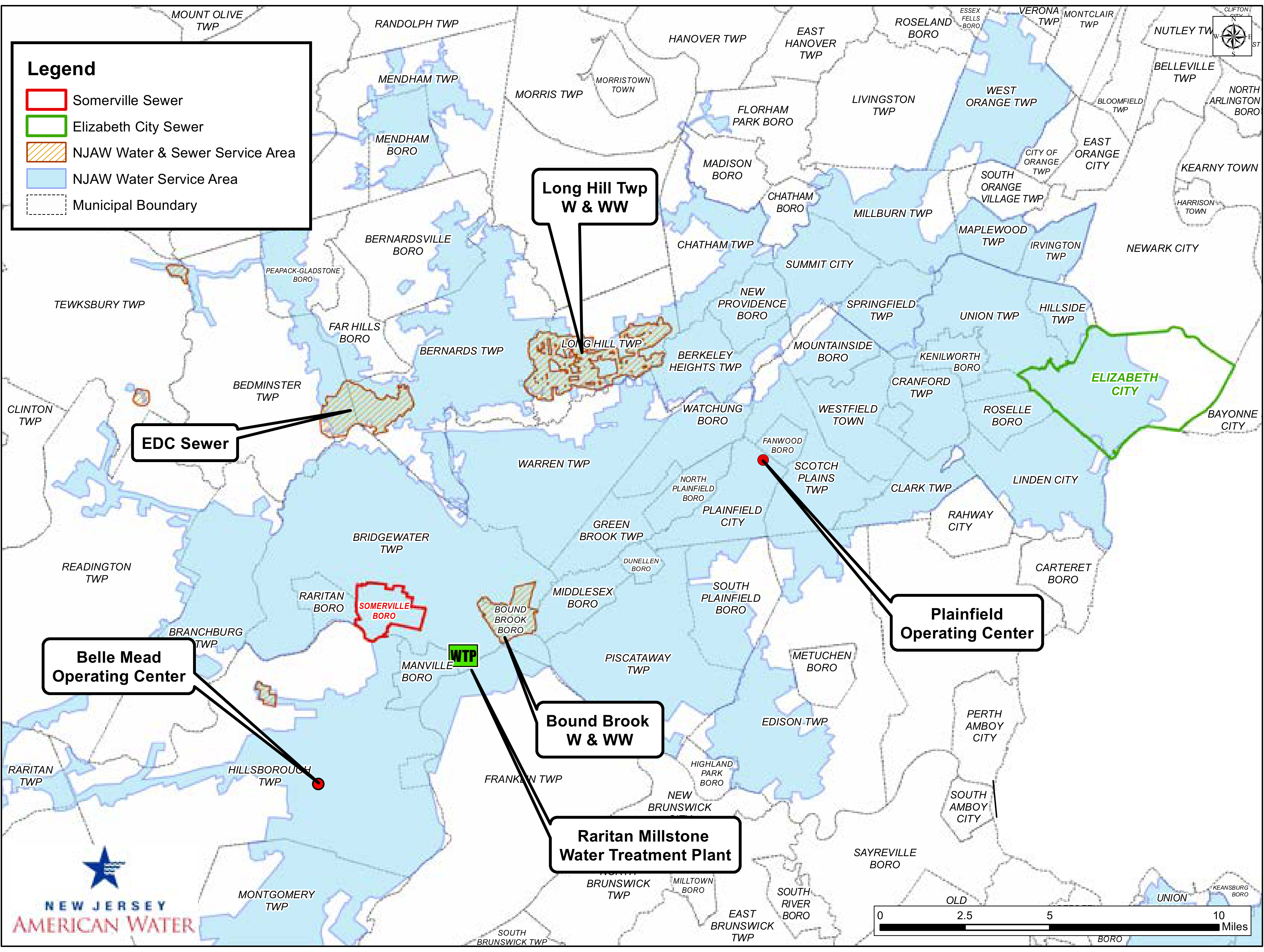 Comprehensive regional map showing New Jersey American Water service areas, municipal boundaries, Somerville Sewer, Elizabeth City Sewer, EDC Sewer, Long Hill Twp W & WW, Bound Brook W & WW, Plainfield Operating Center, Belle Mead Operating Center, and Raritan Millstone Water Treatment Plant