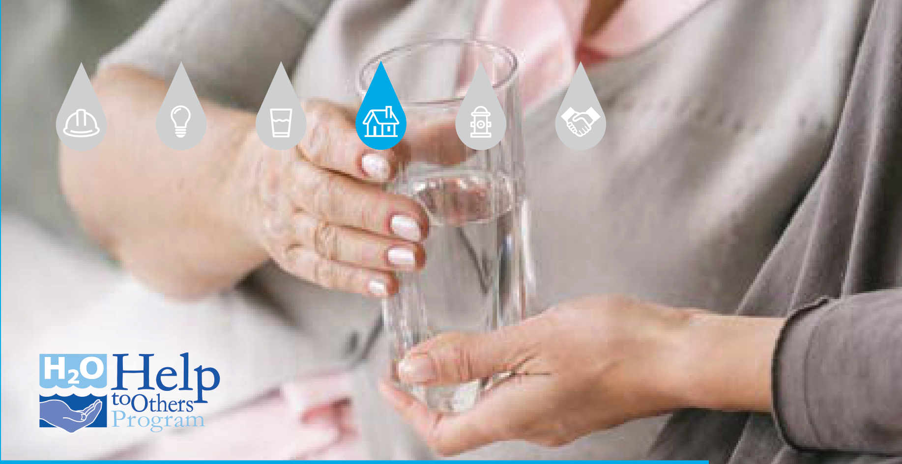 Hands holding glass of water with H2O Help to Others Program logo and icons