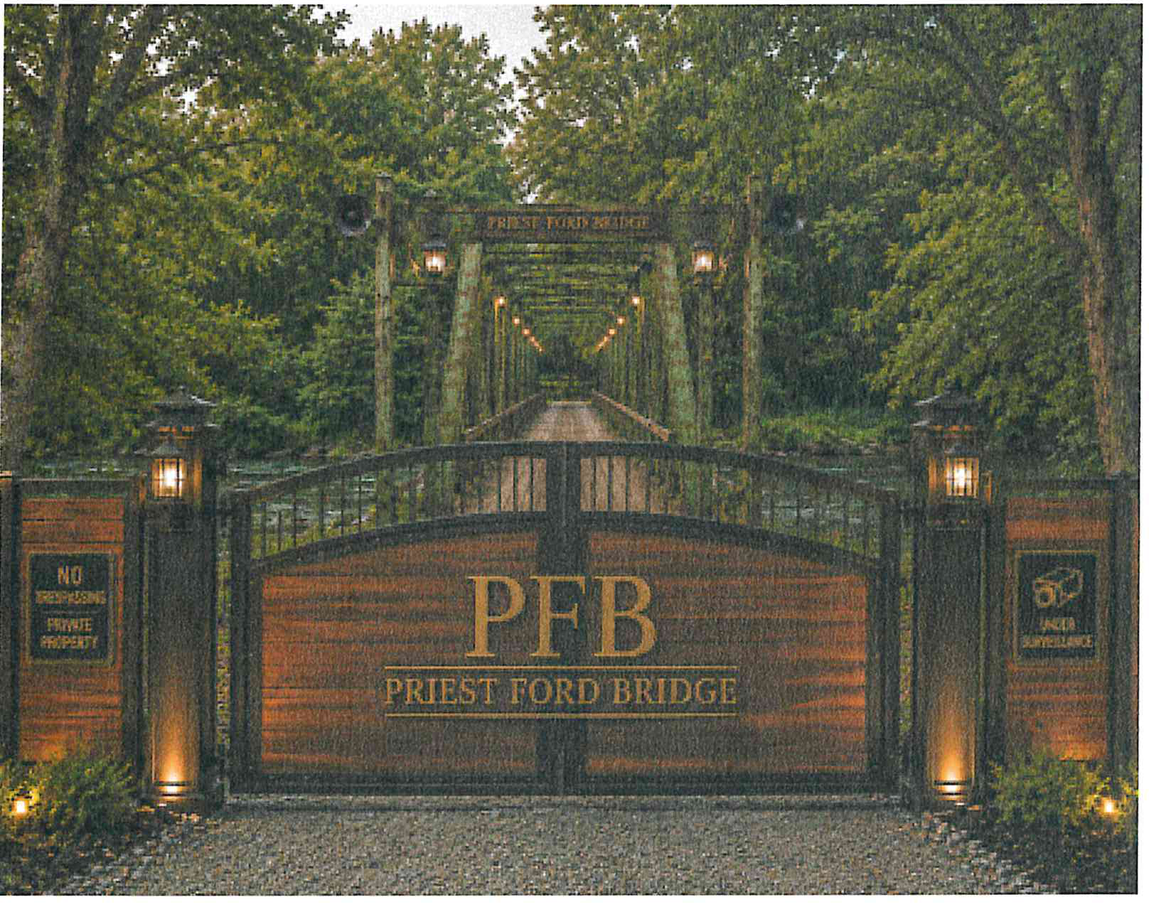 Architectural rendering of the entrance gate to Priest Ford Bridge featuring a grand wooden gate with PFB monogram, stone pillars with warm lantern lighting, security signage, and string lighting along the truss structure extending into the trees.