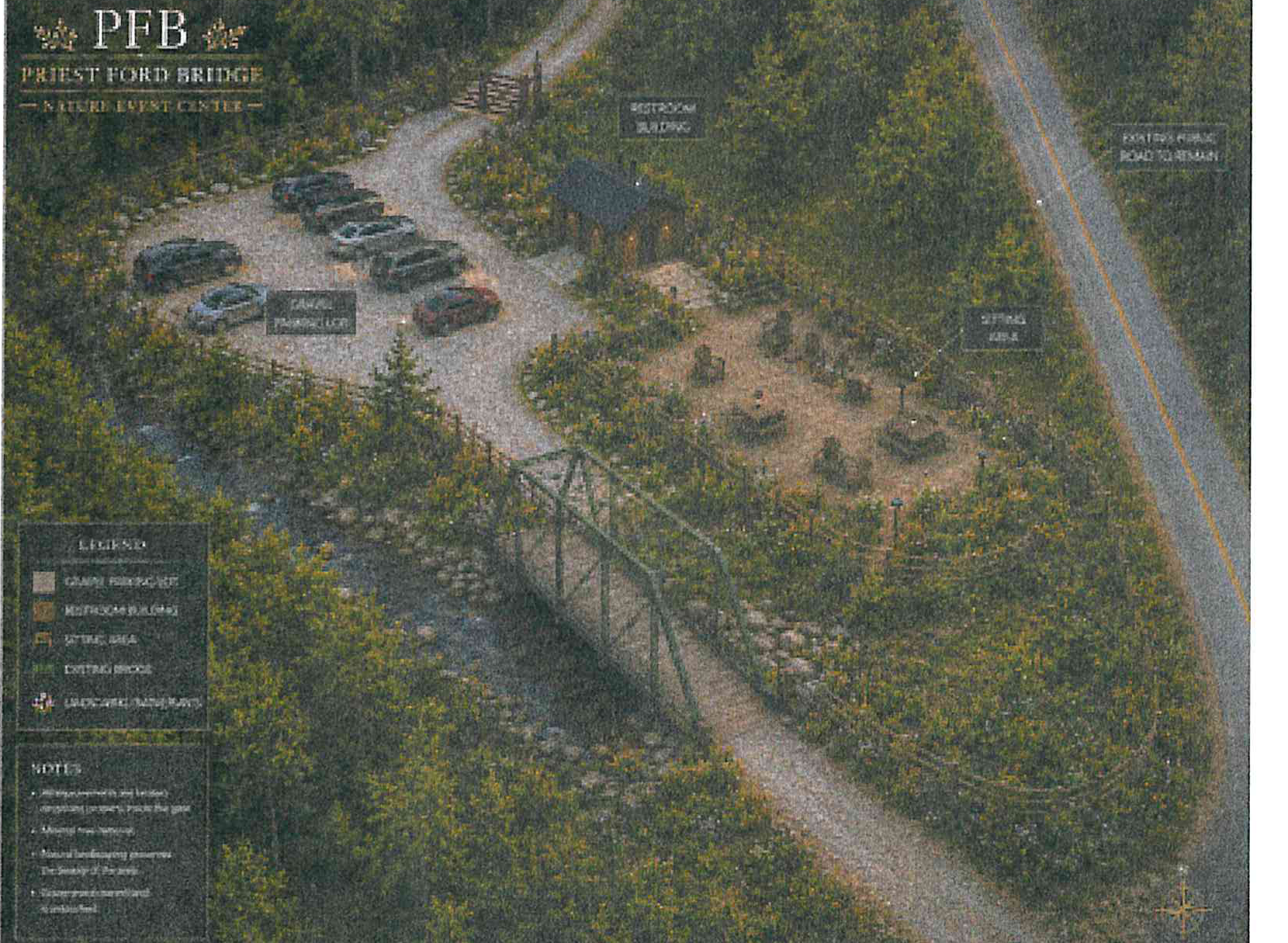 Site plan concept rendering for Priest Ford Bridge Nature Event Center, detailing parking, restroom building, seating area, and the bridge connected to the existing public road.