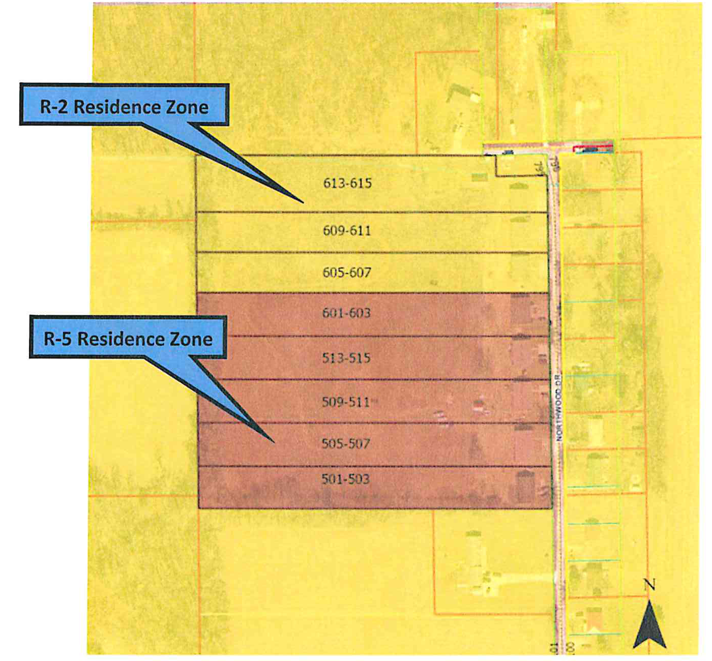 Map showing current zoning and surrounding area, indicating R-2 Residence Zone and R-5 Residence Zone properties along Northwood Drive.