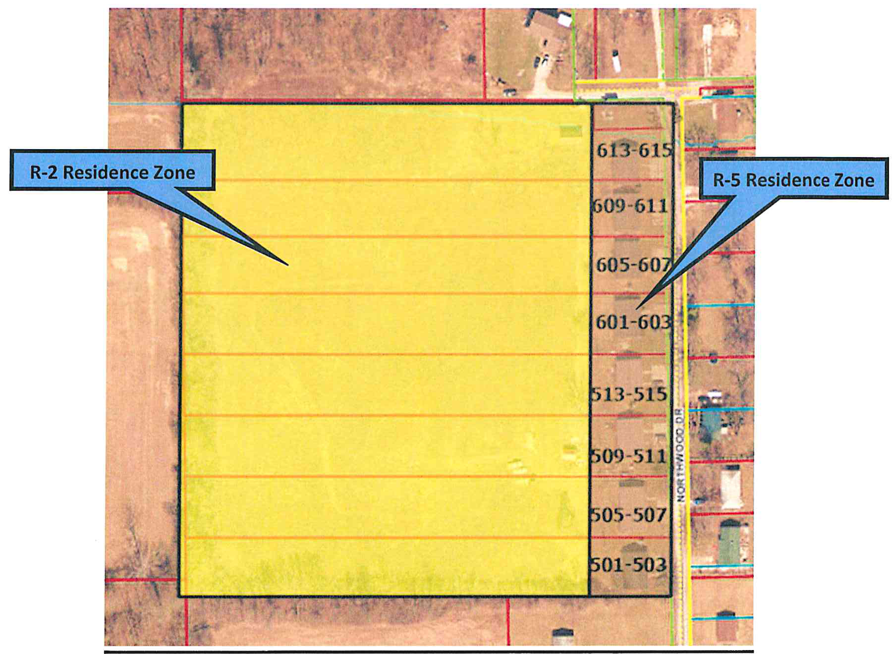 Map showing proposed zoning after rezoning and platting, highlighting R-2 Residence Zone and adjacent R-5 Residence Zone properties along Northwood Drive.