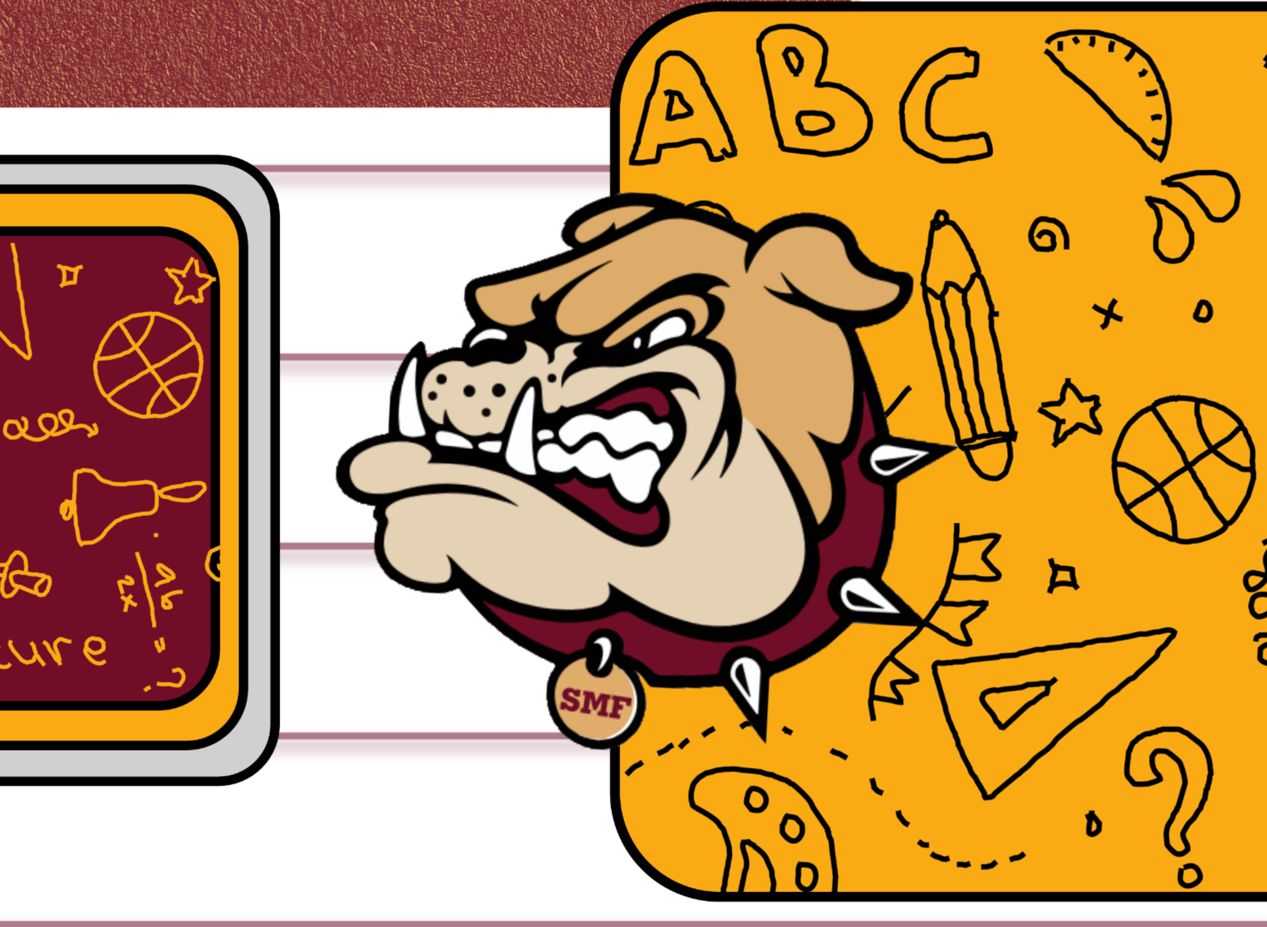Stow-Munroe Falls bulldog mascot illustration surrounded by school-themed sketches including notebook paper, pencil, basketball, math equations, and chalkboard elements