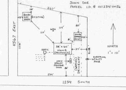 Example diagram of a plot plan illustrating property dimensions, setback measurements, existing hay barn and garage, proposed home, septic system, propane tank, driveway, well, electrical pole, and north indicator.