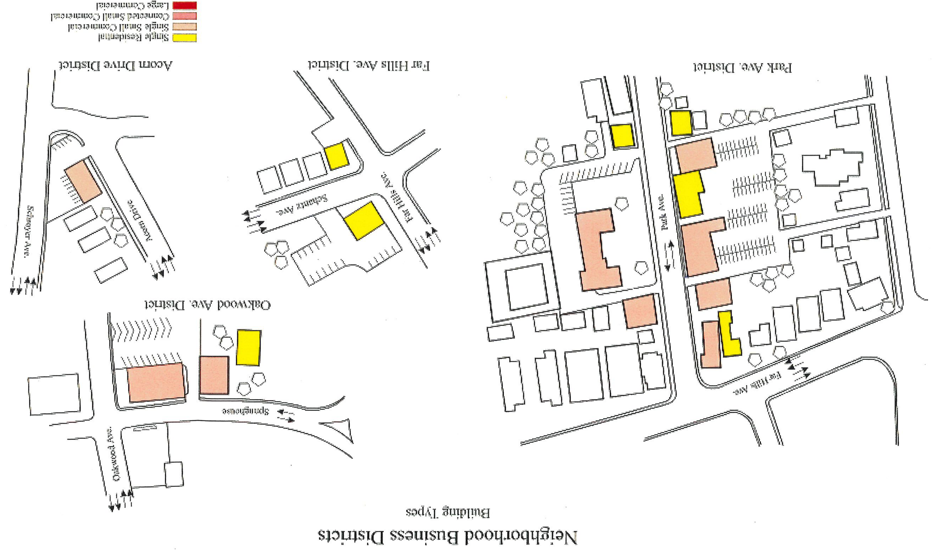 Neighborhood Business Districts - Building Types map showing Park Ave. District, Far Hills Ave. District, Acorn Drive District, and Oakwood Ave. District with color-coded building types.