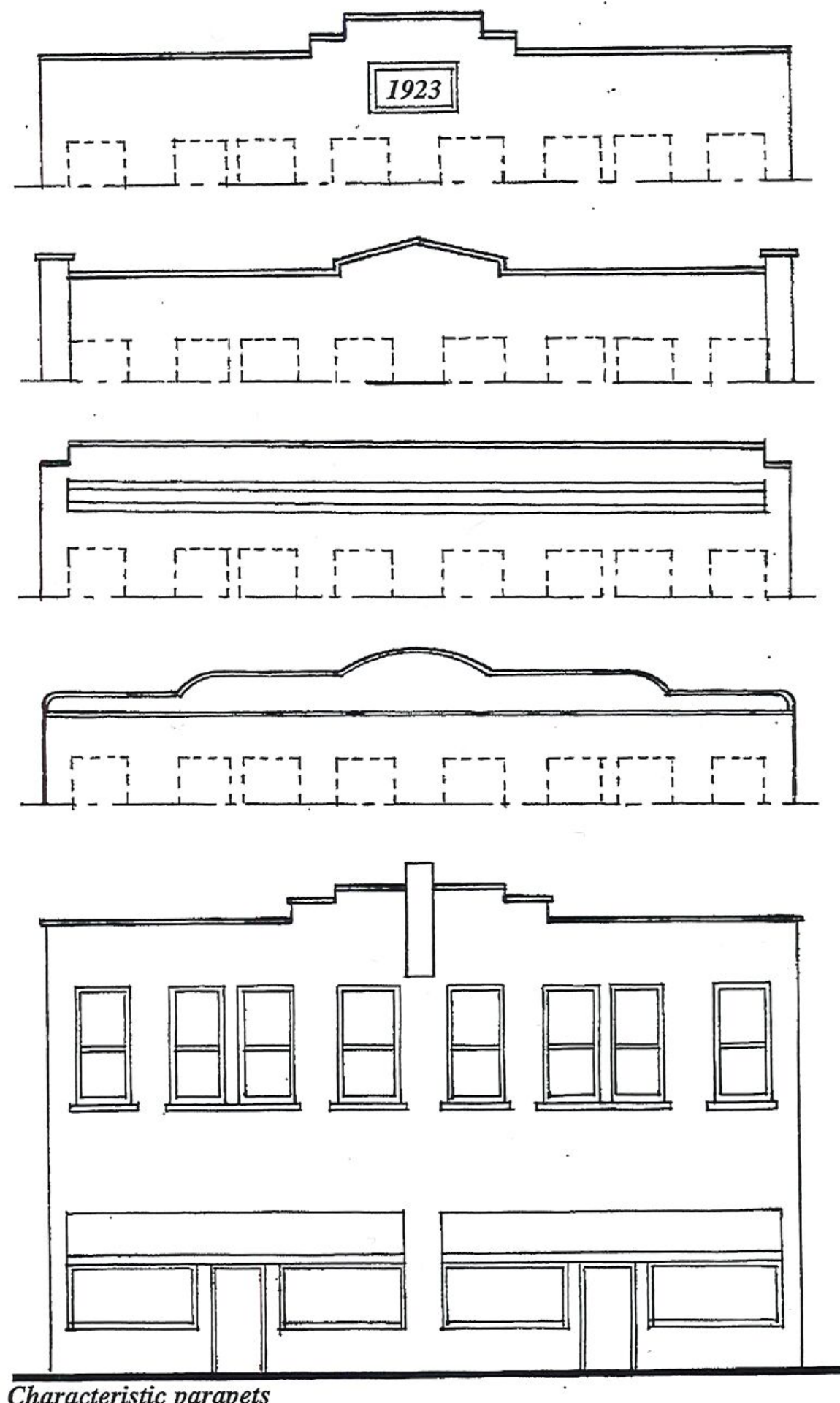Architectural line drawings illustrating five characteristic parapet styles for commercial buildings in Oakwood, showing varied stepped, pedimented, and flat roofline profiles.